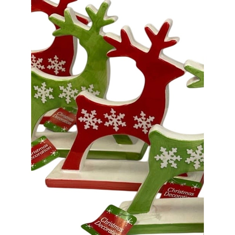 New Set of 5 Ceramic Red Green Snowflake Reindeer Christmas Home Table Decor