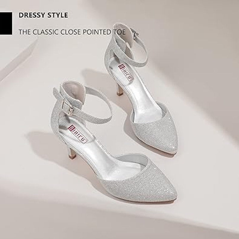 Idifu Womens 8 Silver Glitter 3" Kitten Heel Pointed Close Toe Ankle Strap Shoes