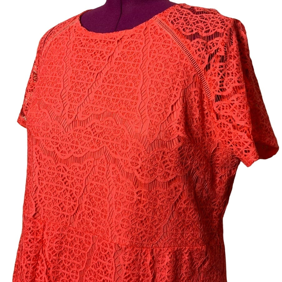 Apt 9 Womens 2X Orange Cotton Blend Lacy Overlay Midi Short Sleeve Sheath Dress