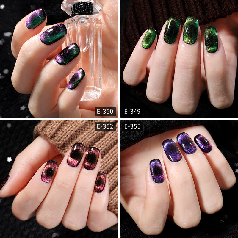 Four square panels showcasing elegant manicures featuring shimmering cat eye nail polish in various colors, accented by a decorative perfume bottle.
