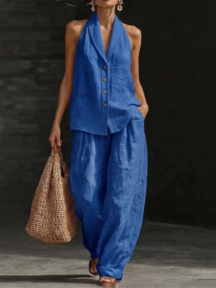 Women's Sleeveless Vest & Wide-Leg Pants Cotton-Linen Two-Piece Set