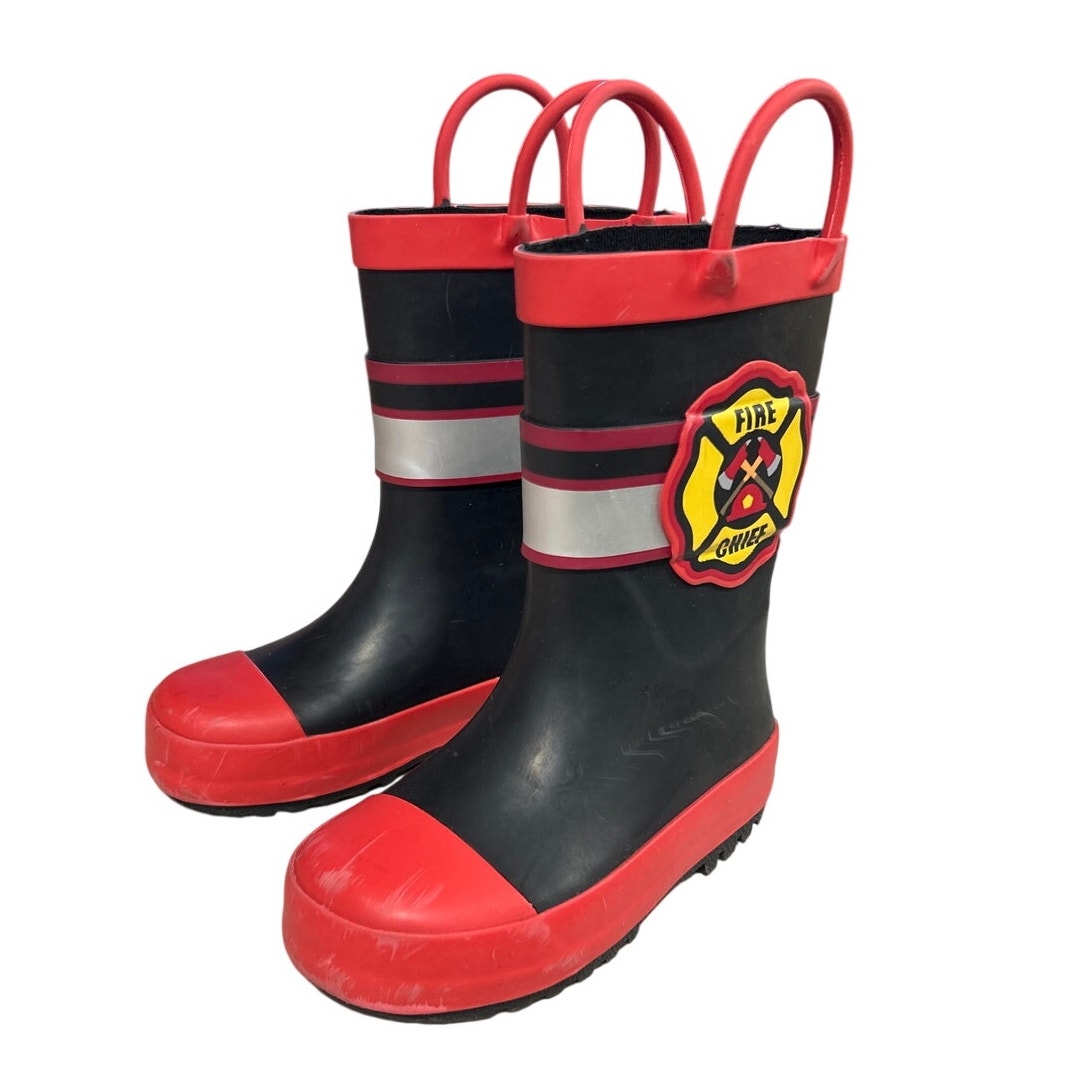 Mysoft Toddler Kids Size 7 Red Black Fire Chief Pull On Handles Rain Boots
