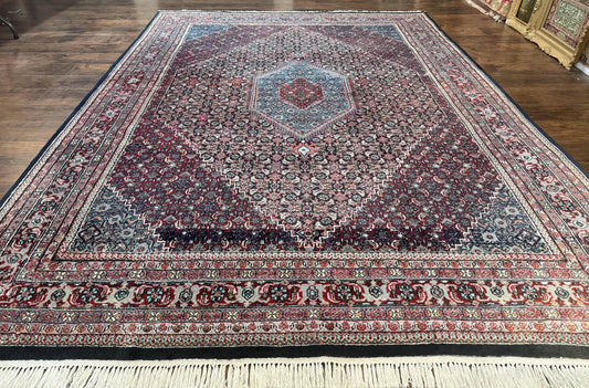 Indo Persian Bidjar Rug 8x11, Herati Mahi Pattern, Red Navy Blue, Handmade Vintage Wool Carpet-0