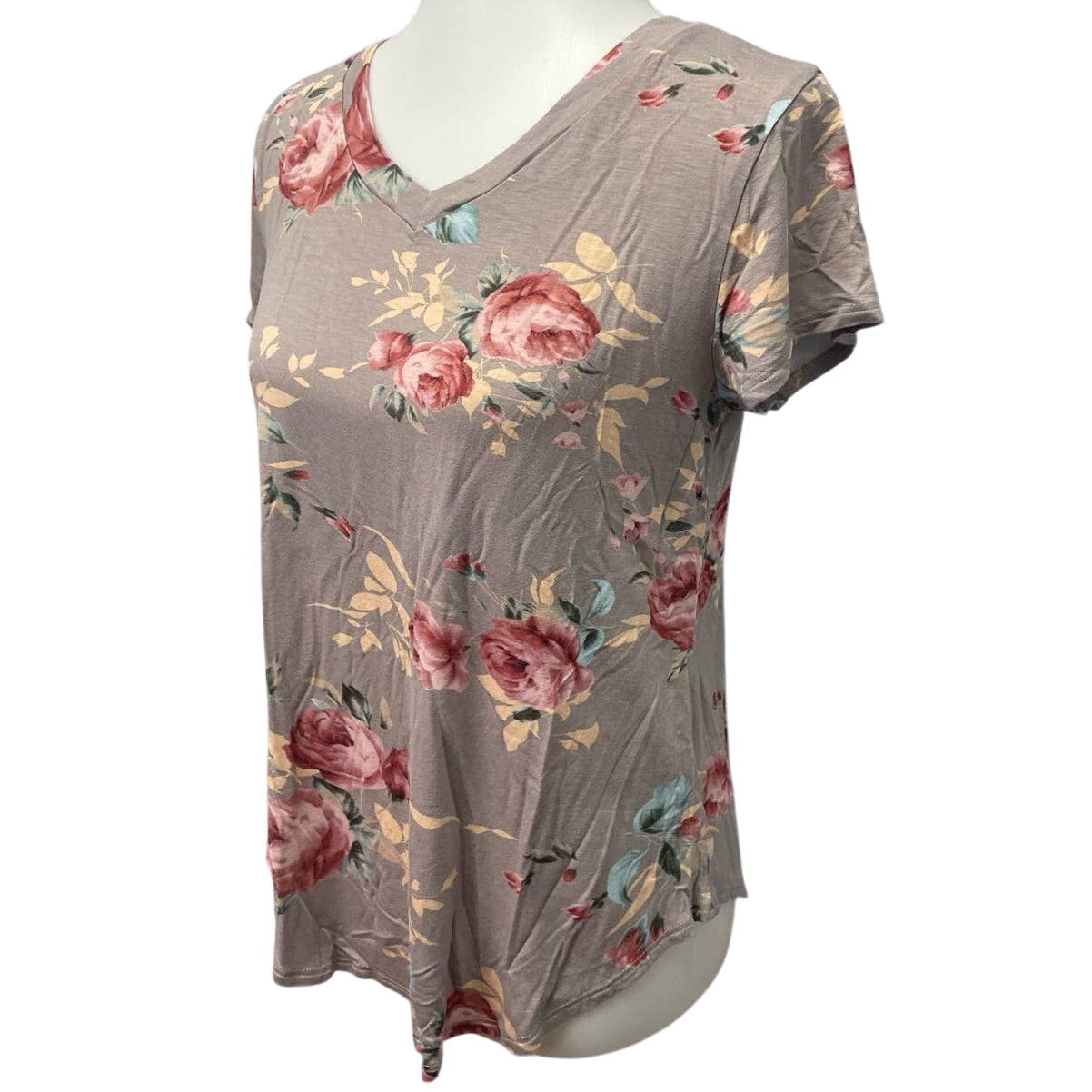 Bom Bom Womens Medium Short Sleeve Polyester Blend VNeck Floral Tee Shirt Blouse
