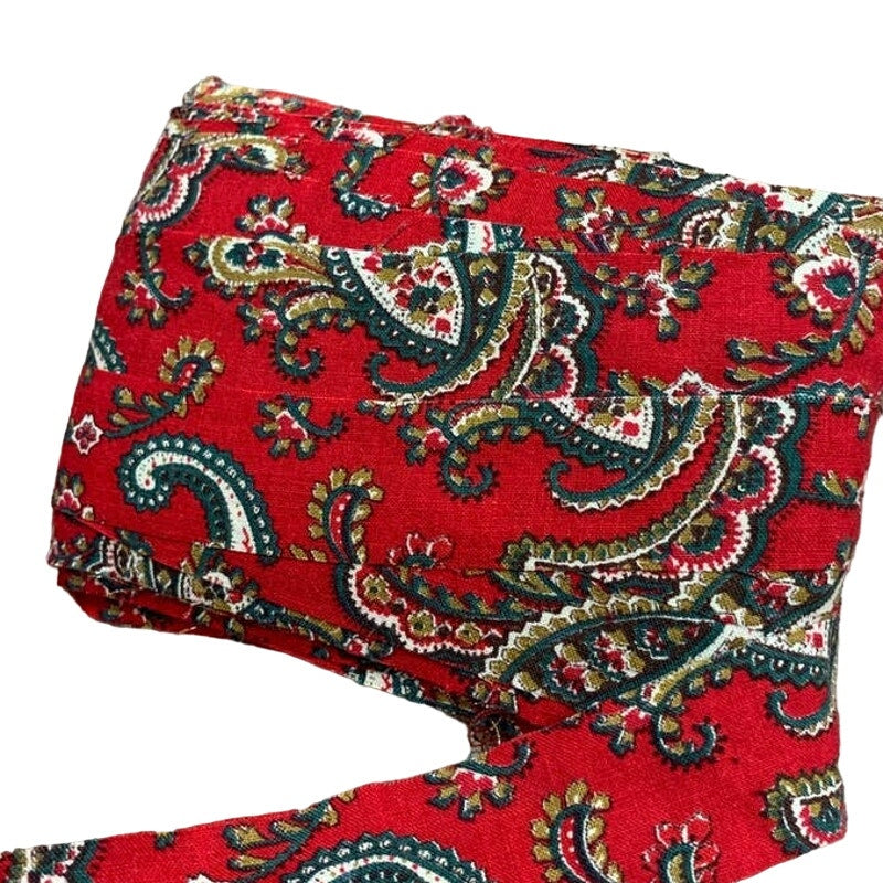 Handmade Gift Wrap Crafts Upcycled Cotton Red Green Paisley Fabric Ribbon Yarn