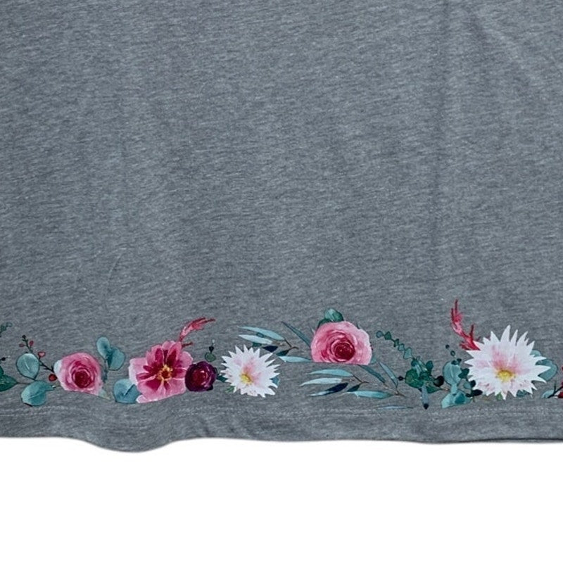 New Hand Printed Large Heathered Gray Floral Wrap Around Short Sleeve Tee Shirt