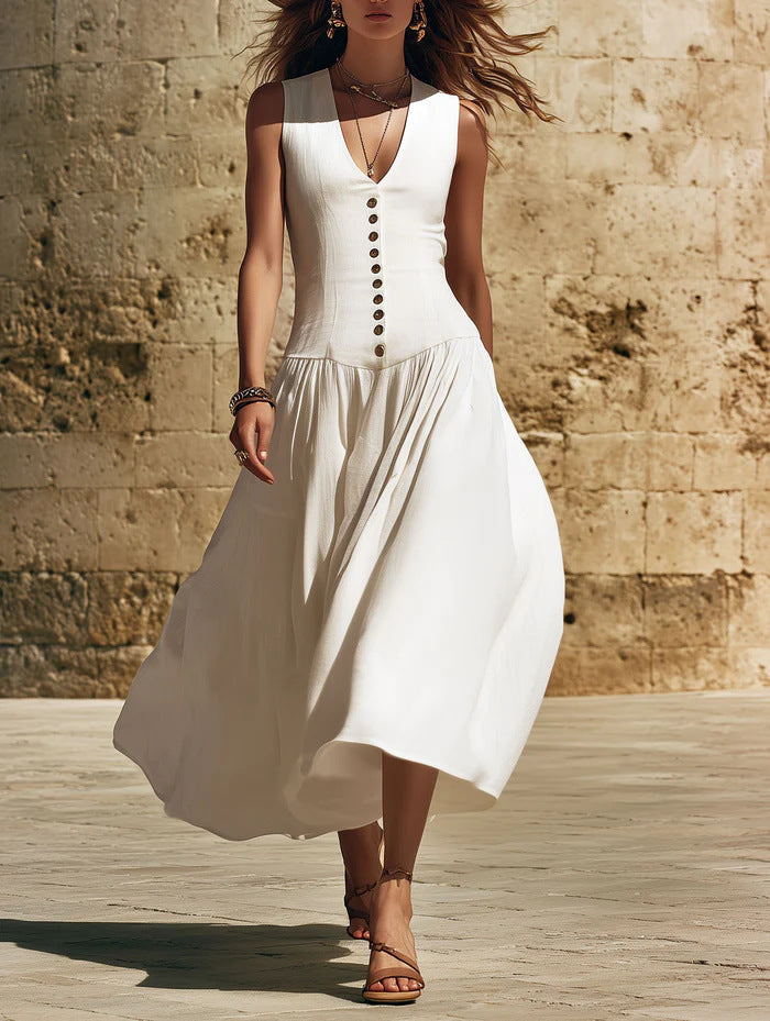 Sleeveless V-Neck Button Dress – Elegant Cotton-Linen Maxi Dress
