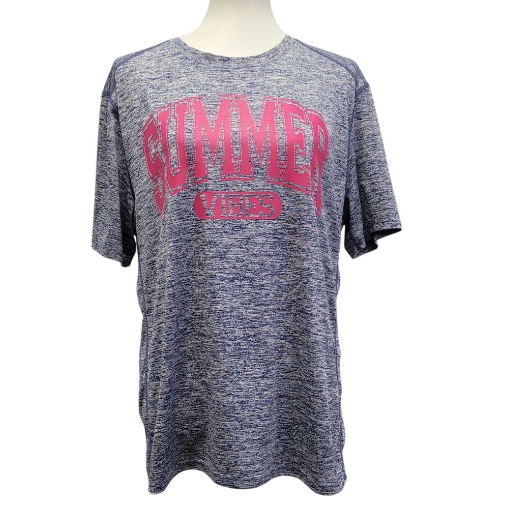 Hand Printed Upcycled Womens Large Summer Vibes Athletic Short Sleeve Tee Shirt