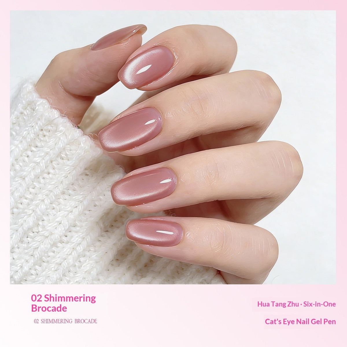 A close-up of a hand with glossy, almond-shaped nails painted in a dusty mauve-pink color, styled with a white knit sleeve against a light background with a pink border. Text at the bottom reads '02 OZ SHIMMERING BROCADE'.