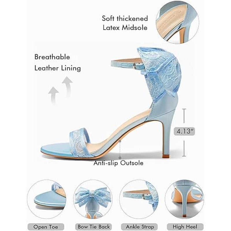 New Coutgo Womens Size 11 Blue Lace Bow 3.5" Heels Open Toe Ankle Strap Shoes