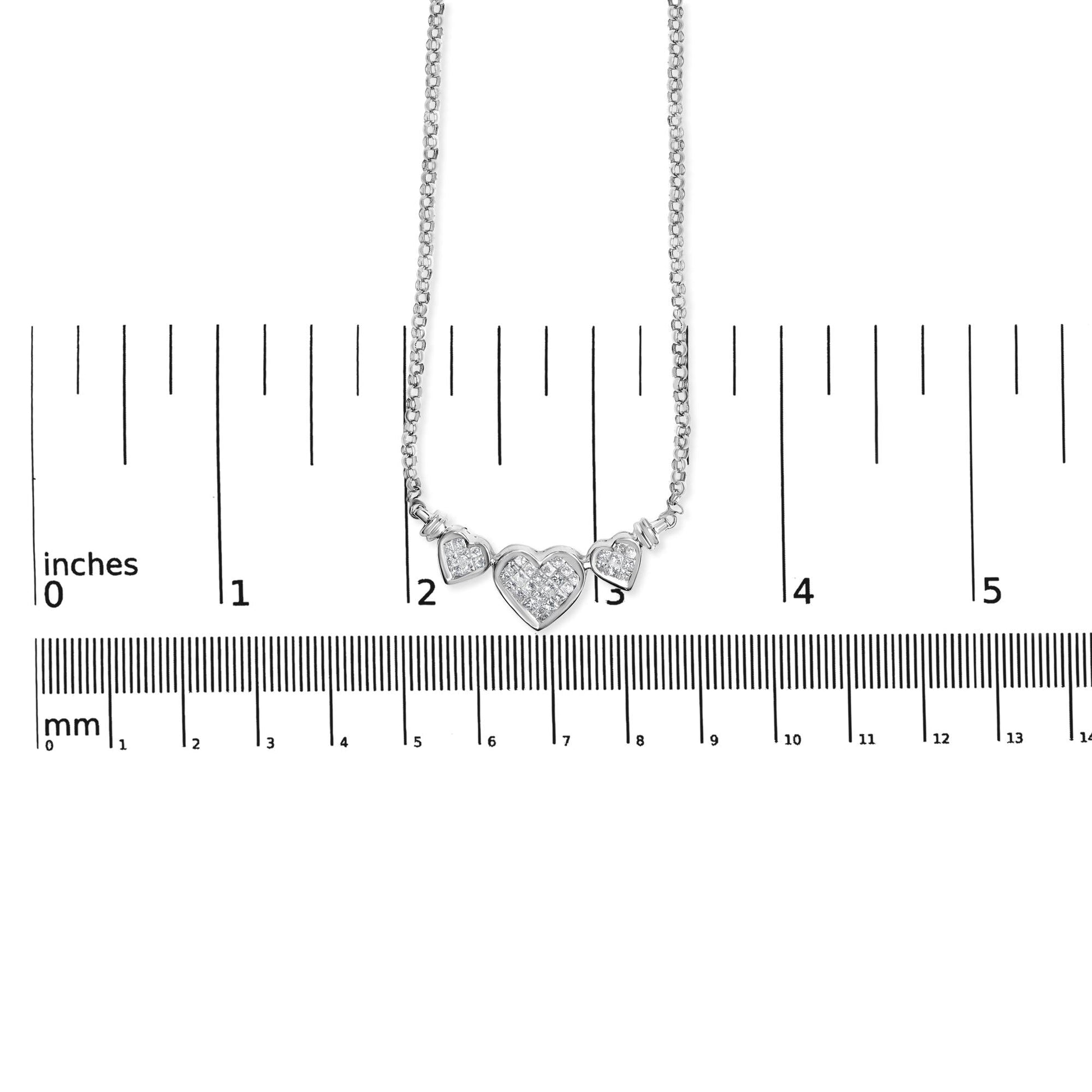 14K White Gold 1.0 Cttw Princess Cut Diamond Three Heart 18" Statement Pendant Necklace (H-I Color, SI2-I1 Clarity)-4