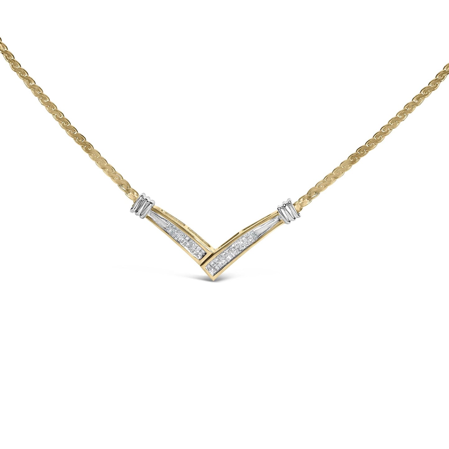10K Yellow and White Gold 1/2 Cttw Princess Cut Diamond Channel-Set “V” Shape 18" Franco Chain Necklace (H-I Color, SI2-I1 Clarity)-0