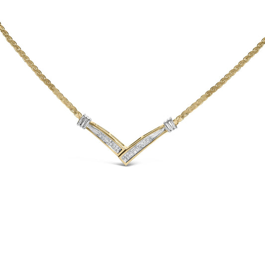 10K Yellow and White Gold 1/2 Cttw Princess Cut Diamond Channel-Set “V” Shape 18" Franco Chain Necklace (H-I Color, SI2-I1 Clarity)-0