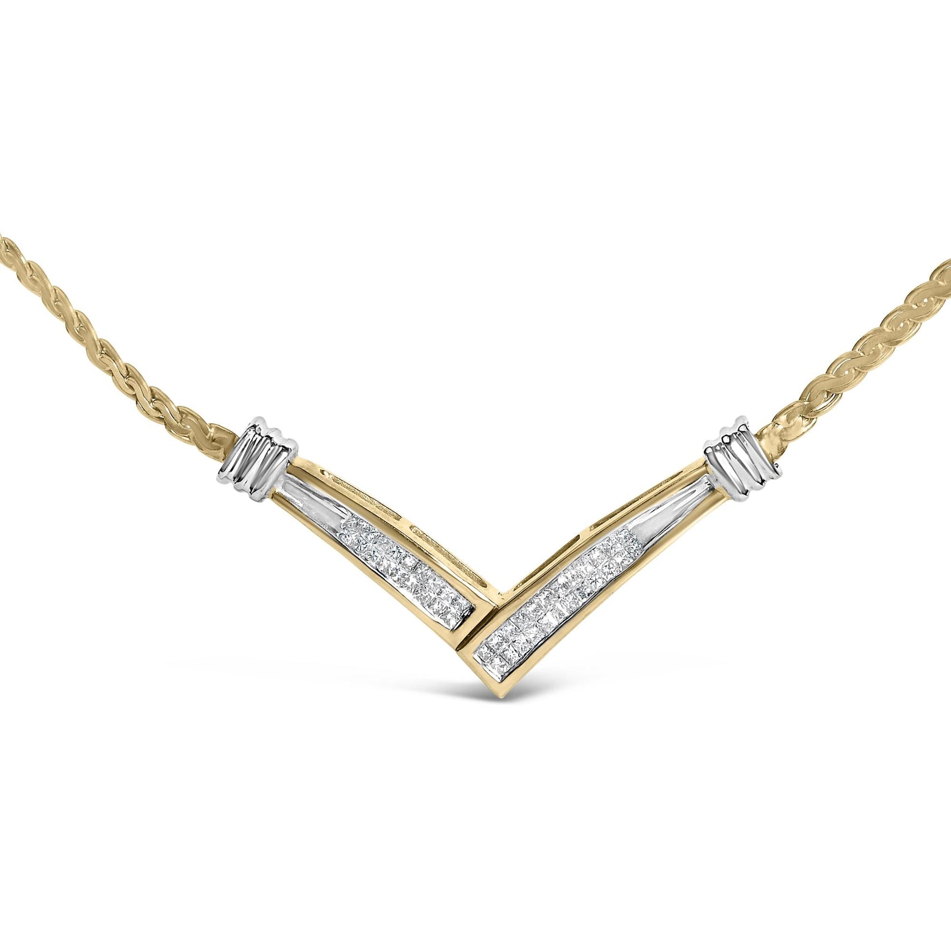 10K Yellow and White Gold 1/2 Cttw Princess Cut Diamond Channel-Set “V” Shape 18" Franco Chain Necklace (H-I Color, SI2-I1 Clarity)-1