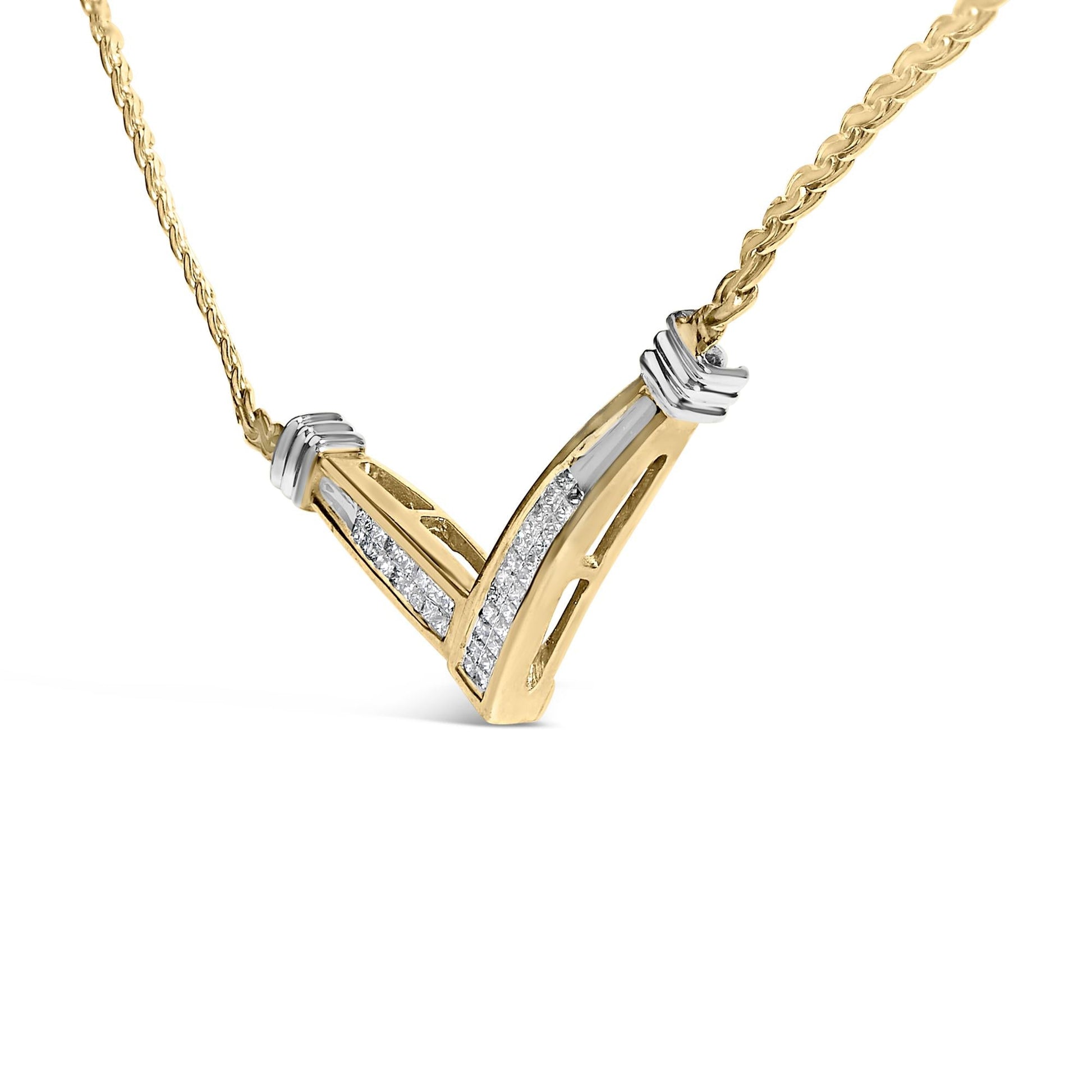 10K Yellow and White Gold 1/2 Cttw Princess Cut Diamond Channel-Set “V” Shape 18" Franco Chain Necklace (H-I Color, SI2-I1 Clarity)-3
