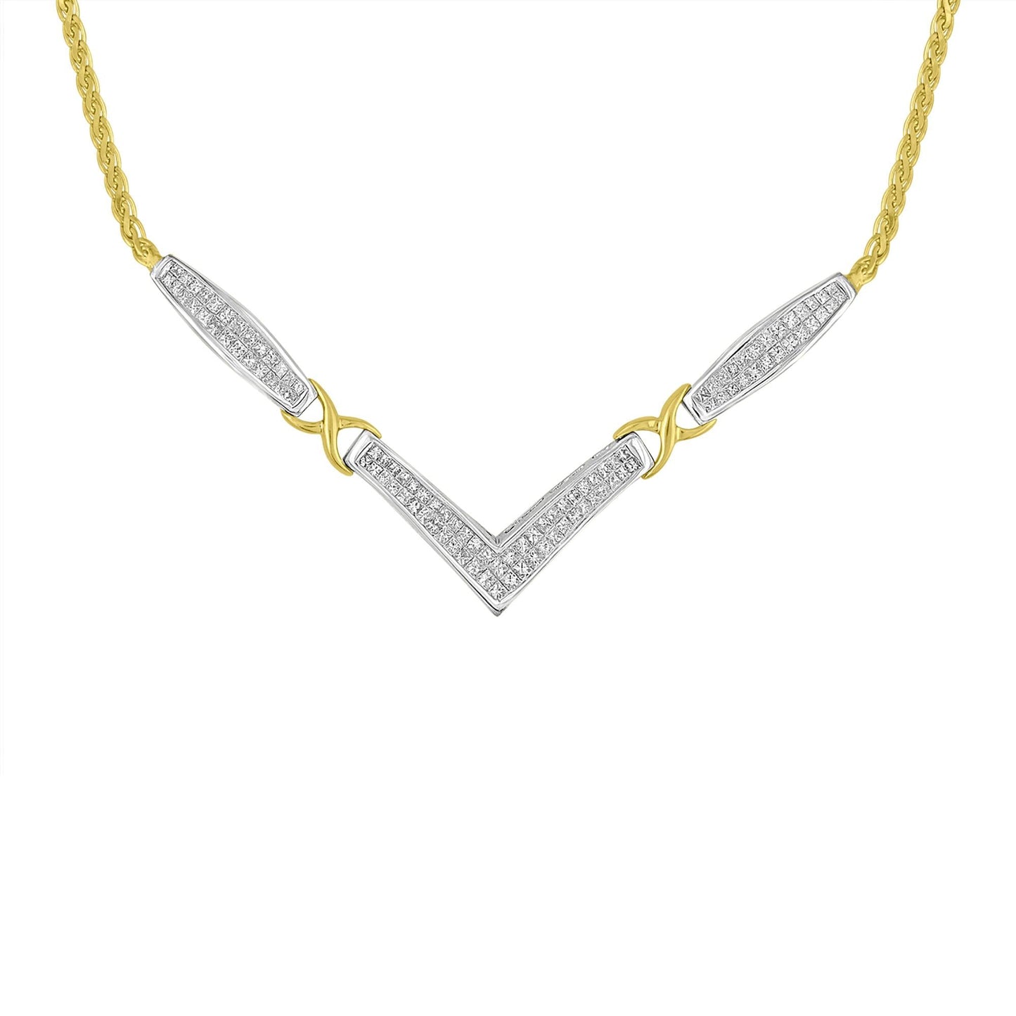 14K Yellow and White Gold 2.0 Cttw Princess Cut Diamond Flared and X-Station V Shaped 18” Franco Chain Statement Necklace (H-I Color, SI2-I1 Clarity)-0