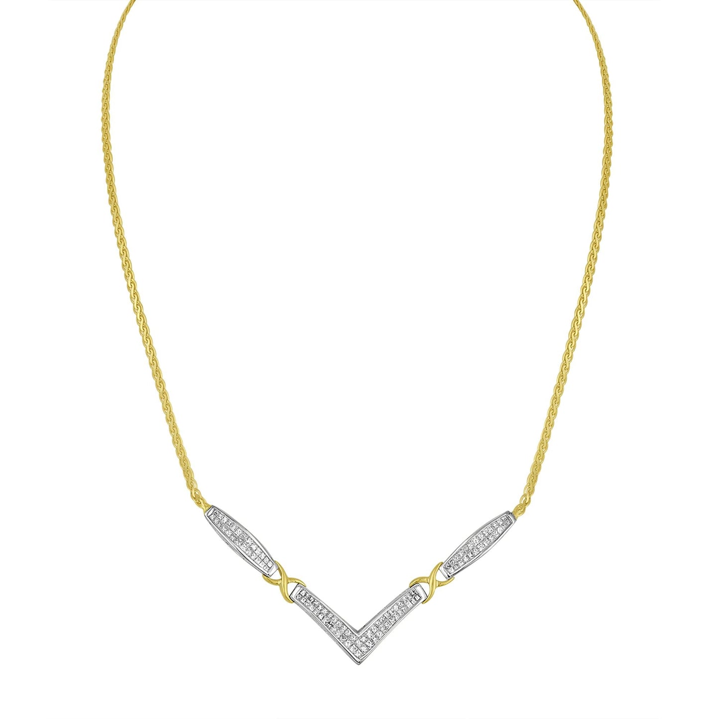 14K Yellow and White Gold 2.0 Cttw Princess Cut Diamond Flared and X-Station V Shaped 18” Franco Chain Statement Necklace (H-I Color, SI2-I1 Clarity)-3