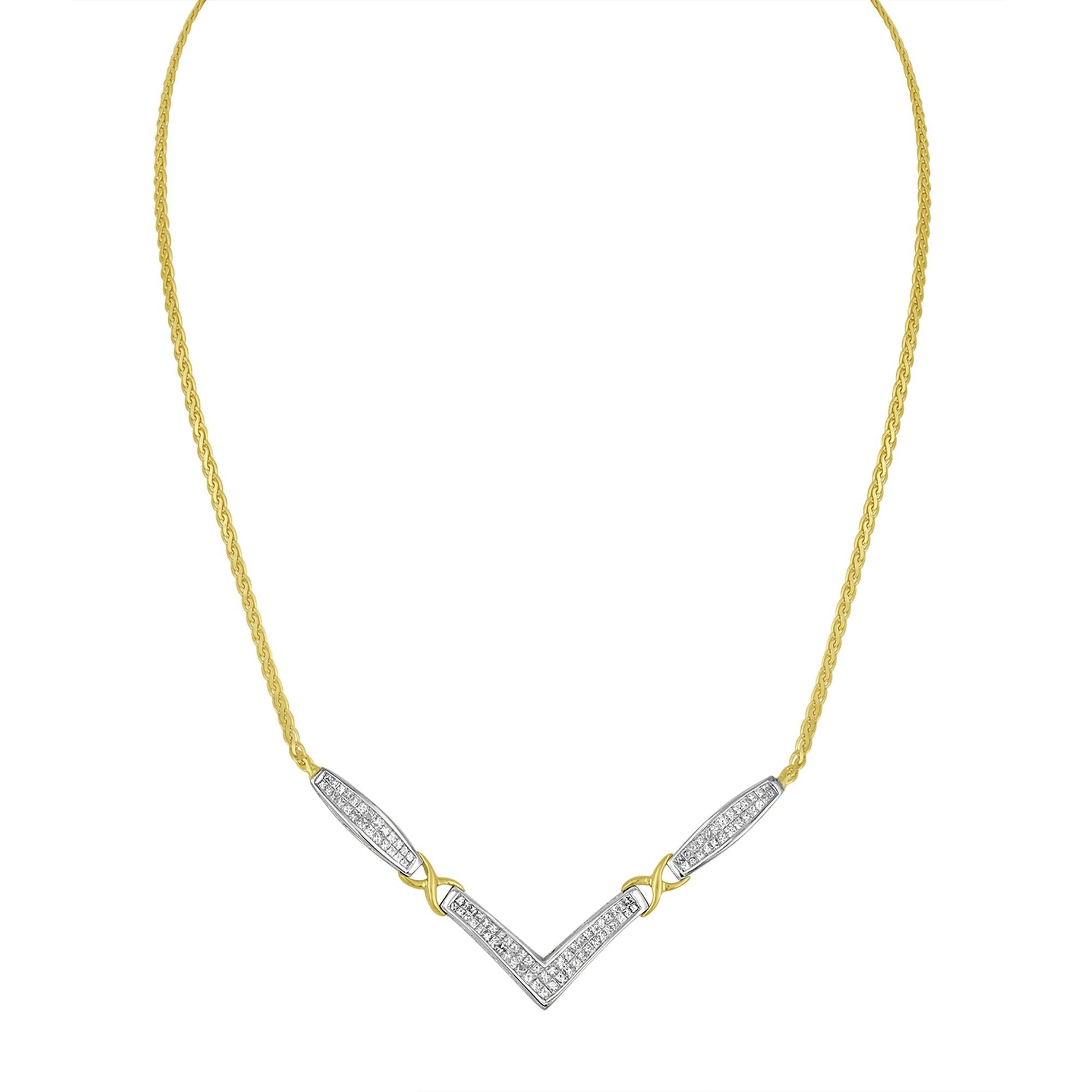 14K Yellow and White Gold 2.0 Cttw Princess Cut Diamond Flared and X-Station V Shaped 18” Franco Chain Statement Necklace (H-I Color, SI2-I1 Clarity)-3