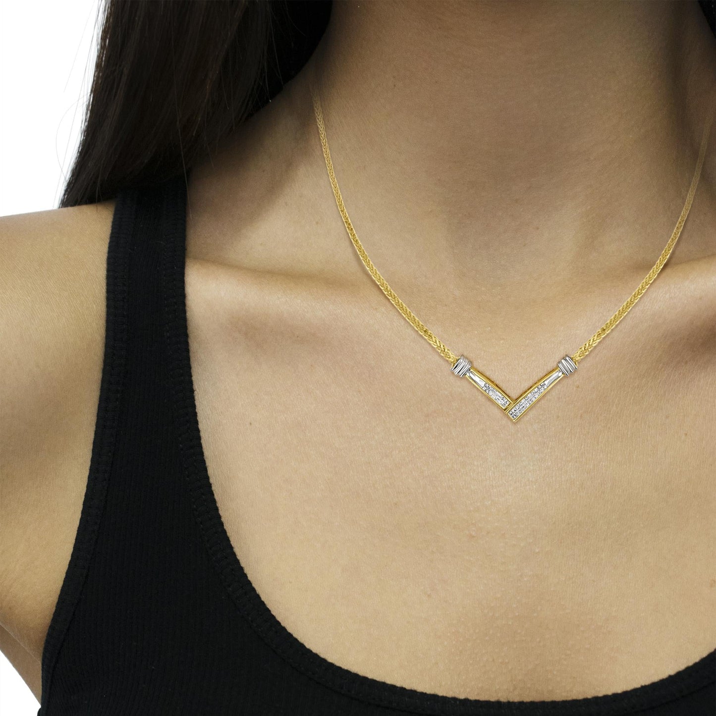 14K Yellow and White Gold 1/4 Cttw Princess Cut Diamond Channel-Set “V” Shape 18" Pendant Necklace (H-I Color, SI2-I1 Clarity)-2