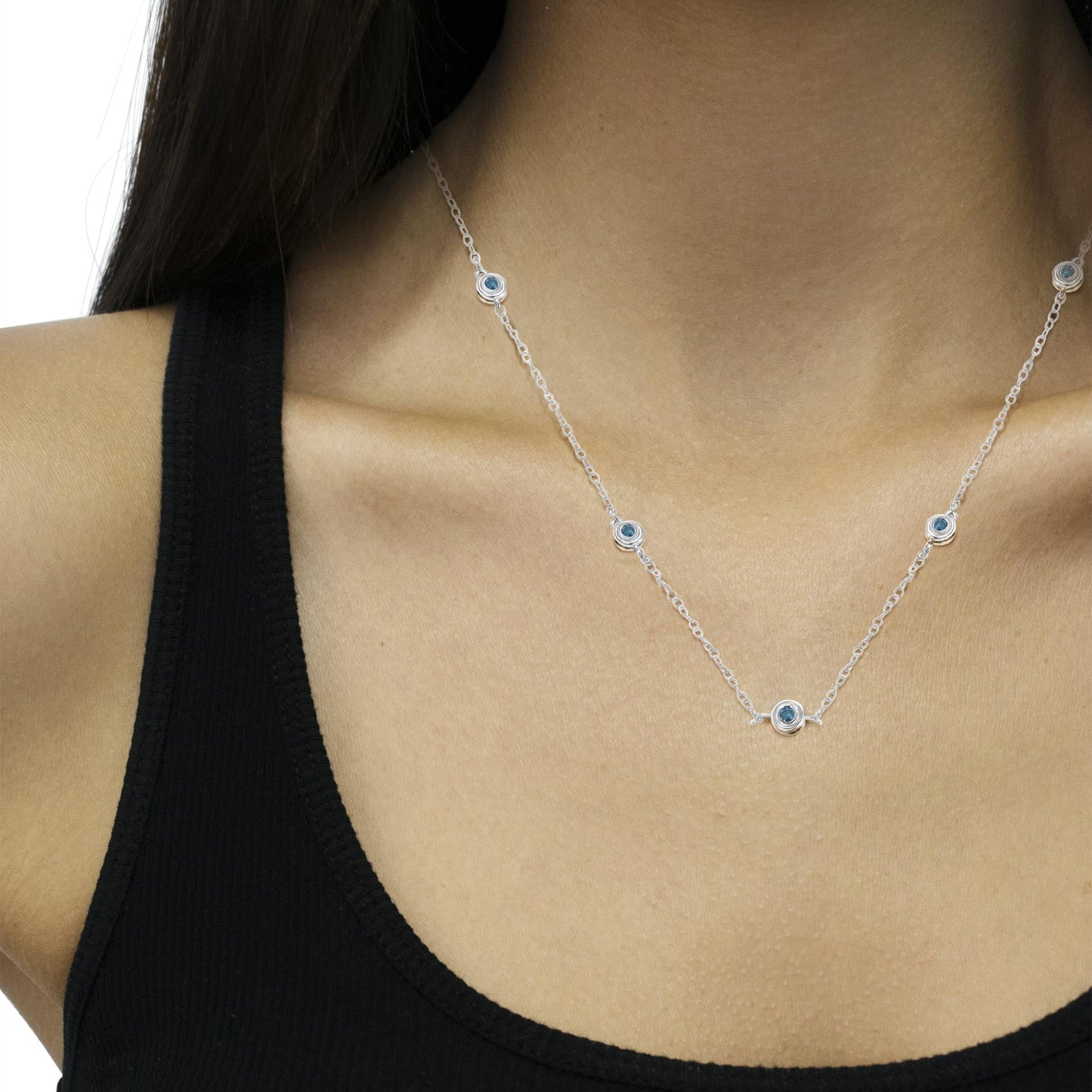 Sterling Silver Treated Blue Color Diamond Station Necklace (1/2 cttw, Blue Color, I2-I3 Clarity)-2