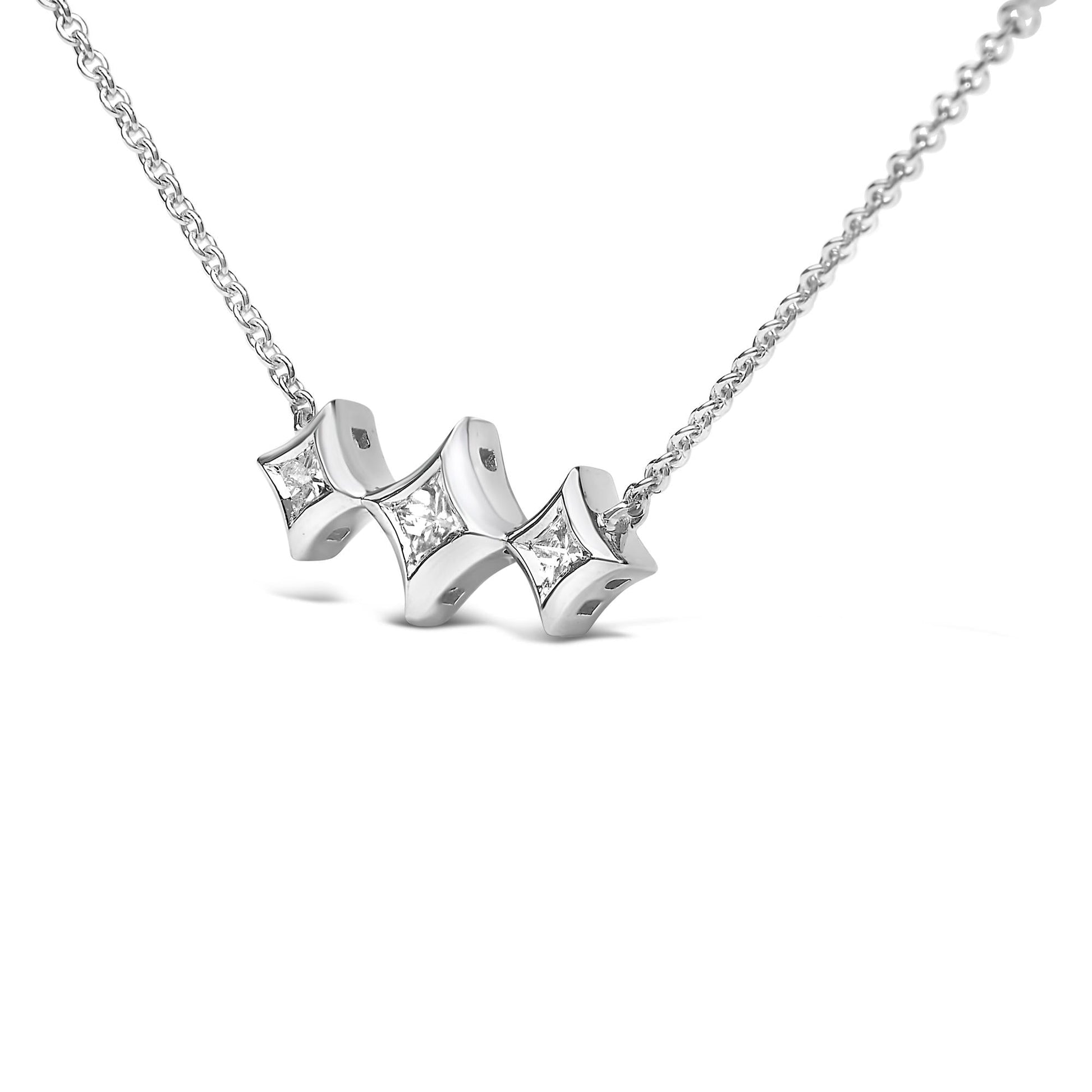 10K White Gold Bezel Set Princess Diamond 3 Stone Kite Shape and Station Necklace (H-I Color, SI2-I1 Clarity) - 18" Inches-3