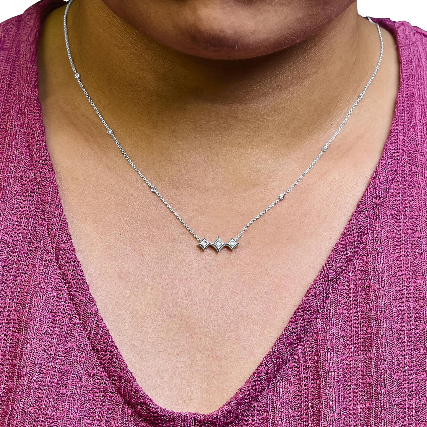 10K White Gold Bezel Set Princess Diamond 3 Stone Kite Shape and Station Necklace (H-I Color, SI2-I1 Clarity) - 18" Inches-2