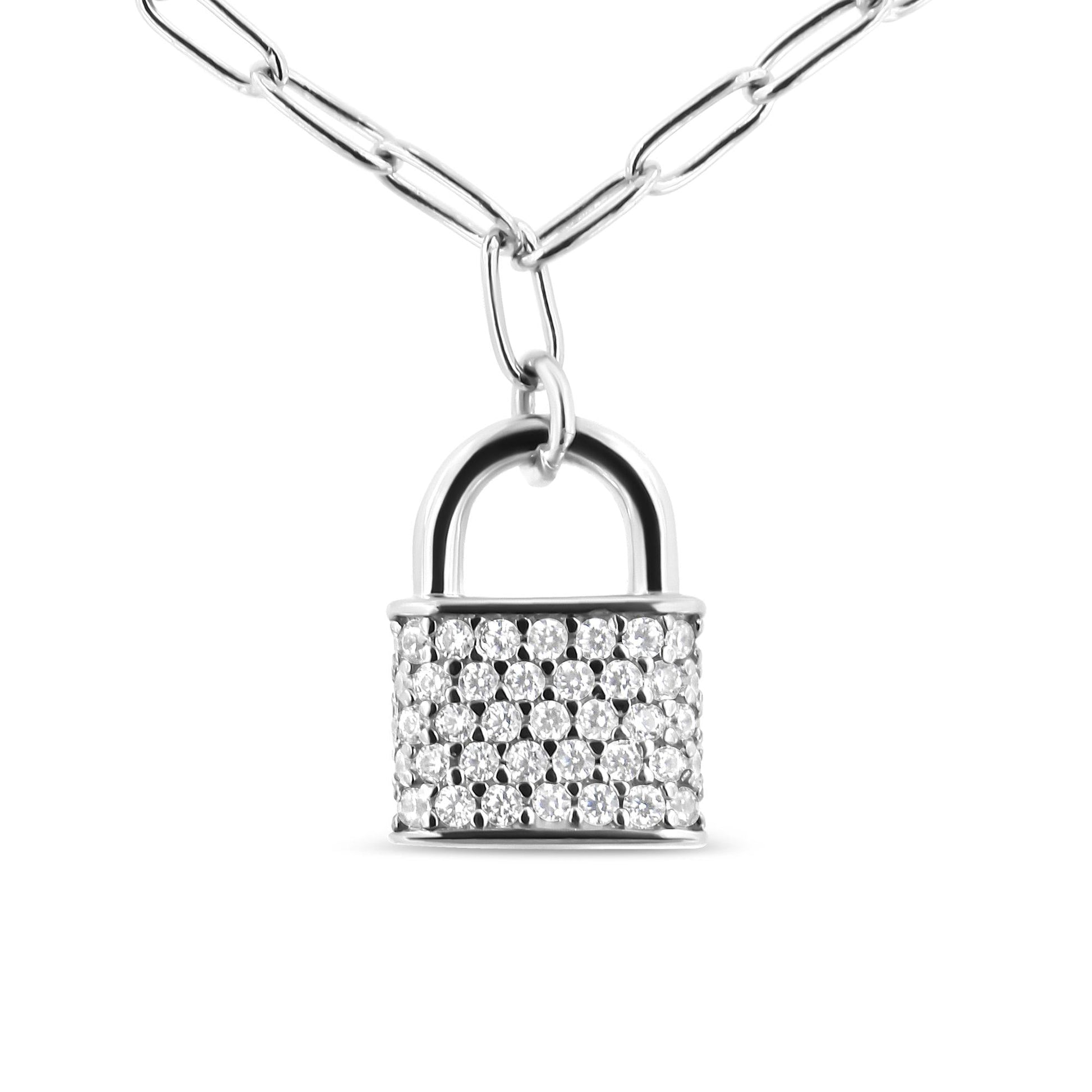 .925 Sterling Silver 1/4 Cttw Diamond Lock Pendant Necklace with Paperclip Chain (H-I Color, SI2-I1 Clarity)-1