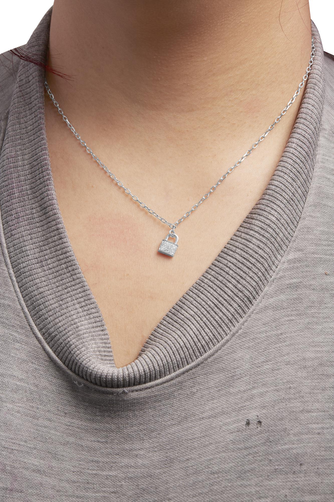 .925 Sterling Silver 1/4 Cttw Diamond Lock Pendant Necklace with Paperclip Chain (H-I Color, SI2-I1 Clarity)-2