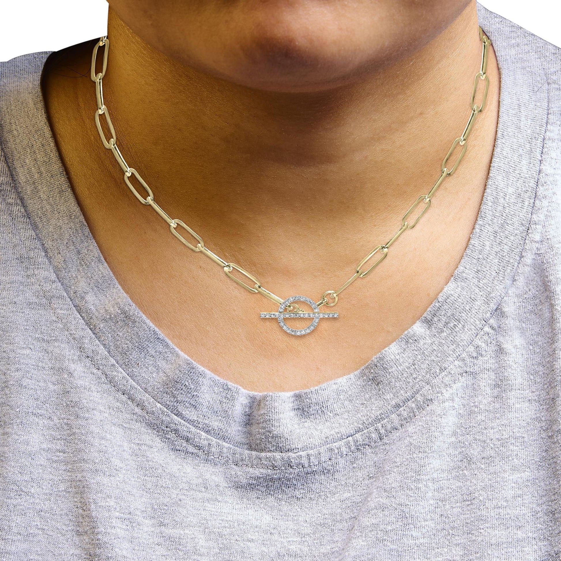 14KT Yellow Gold 1/4 Cttw Diamond  Toggle Clasp Paperclip Link Necklace (I-J Color, I1-I2 Clarity) - 18" Inches-2