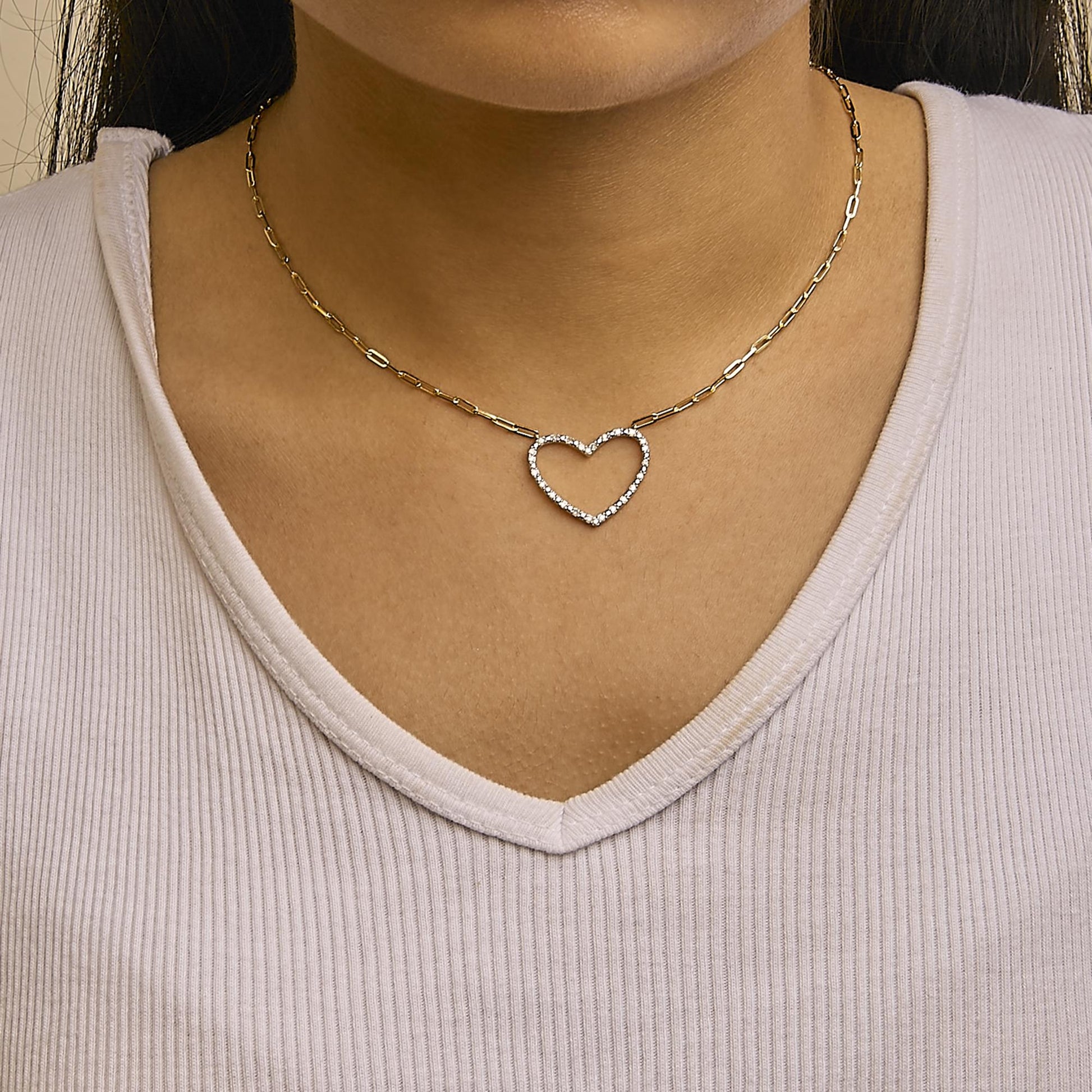 14K Yellow Gold Plated .925 Sterling Silver 1/4 Cttw Diamond Open Heart with Paperclip Chain Pendant Necklace (I-J Color, I2-I3 Clarity) - 18" Inches-2