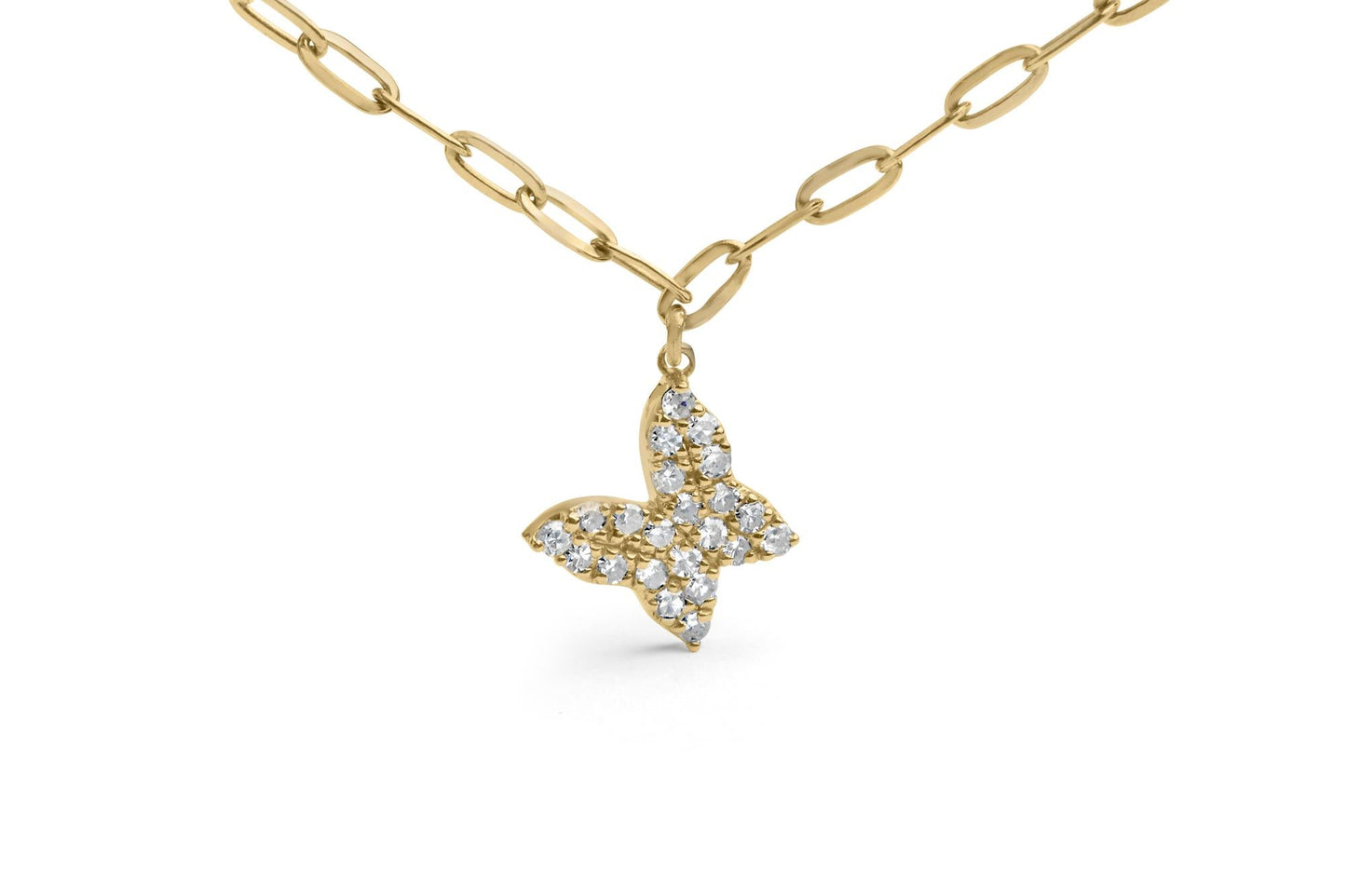 14KT Yellow Gold 1/2 Cttw Diamond Butterfly Station Paperclip Station Necklace (I-J Color, I1-I2 Clarity) - Adjustable 15"-17" Inches-1