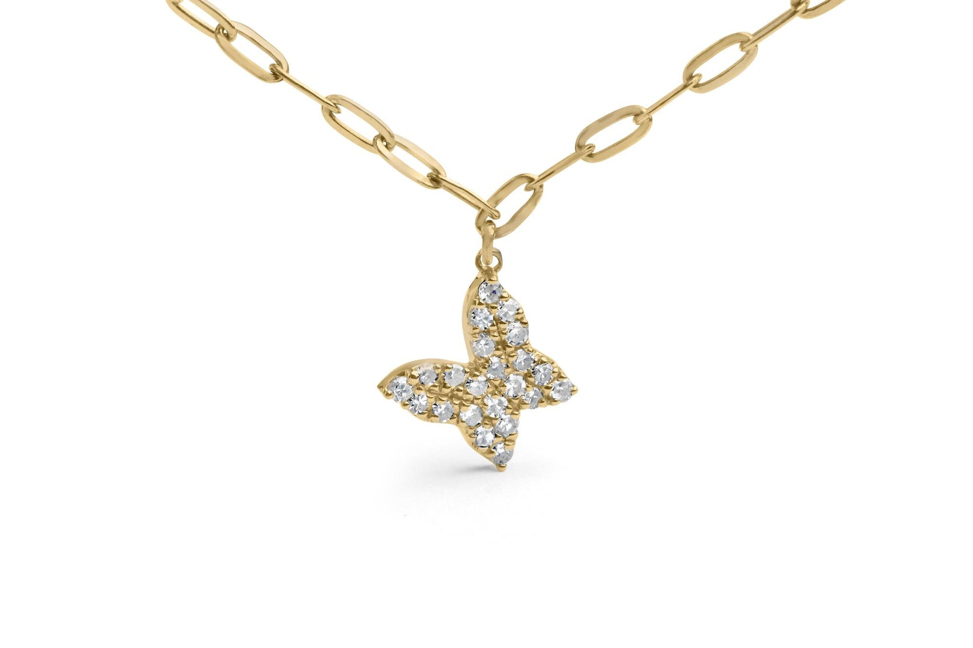 14KT Yellow Gold 1/2 Cttw Diamond Butterfly Station Paperclip Station Necklace (I-J Color, I1-I2 Clarity) - Adjustable 15"-17" Inches-1