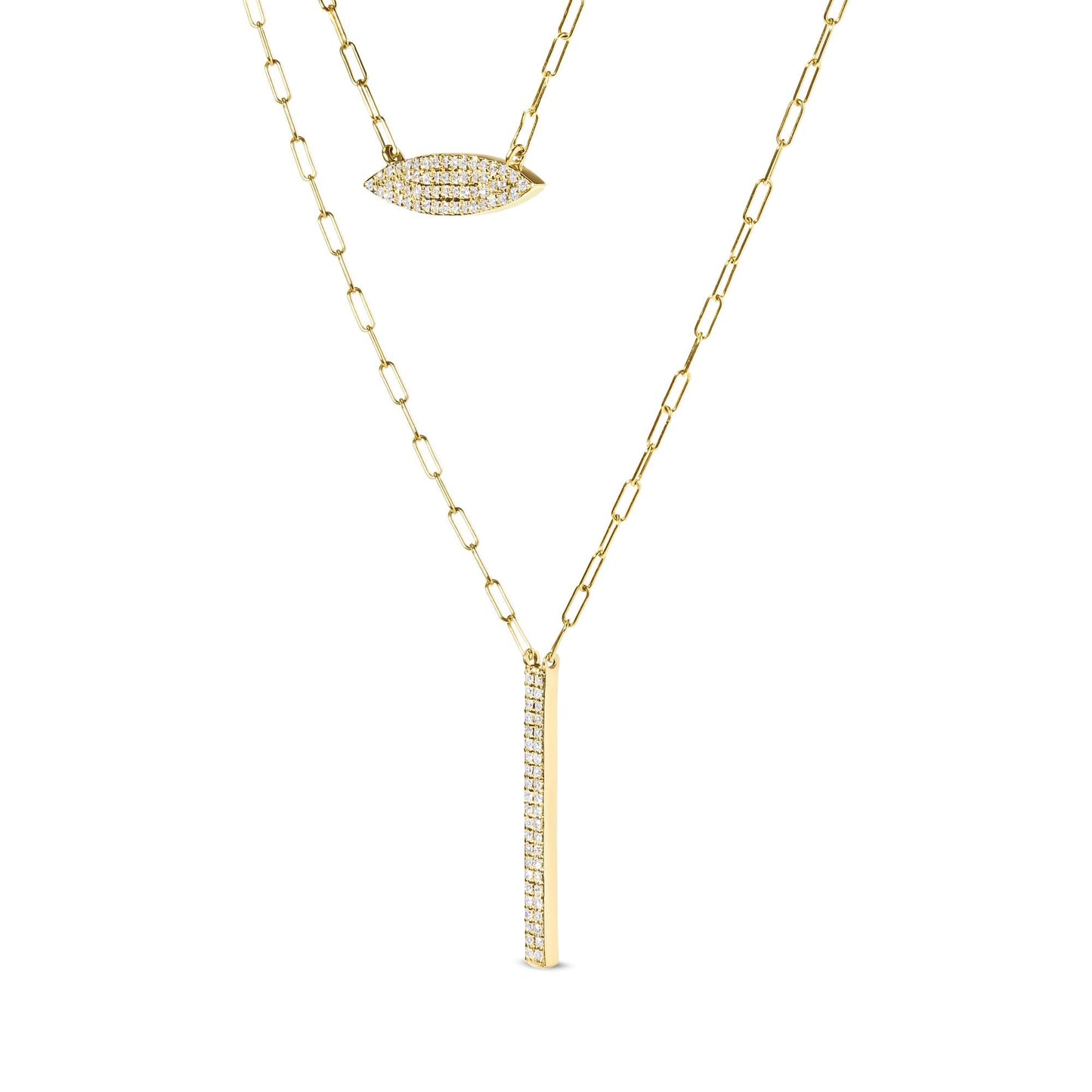 14K Yellow Gold 3/8 Cttw Two-Strand Marquise and Bar Charm Paper Clip Link Pendant Necklace  (I-J Color, I1-I2 Clarity) -18" and 20" Inch Lengths-4