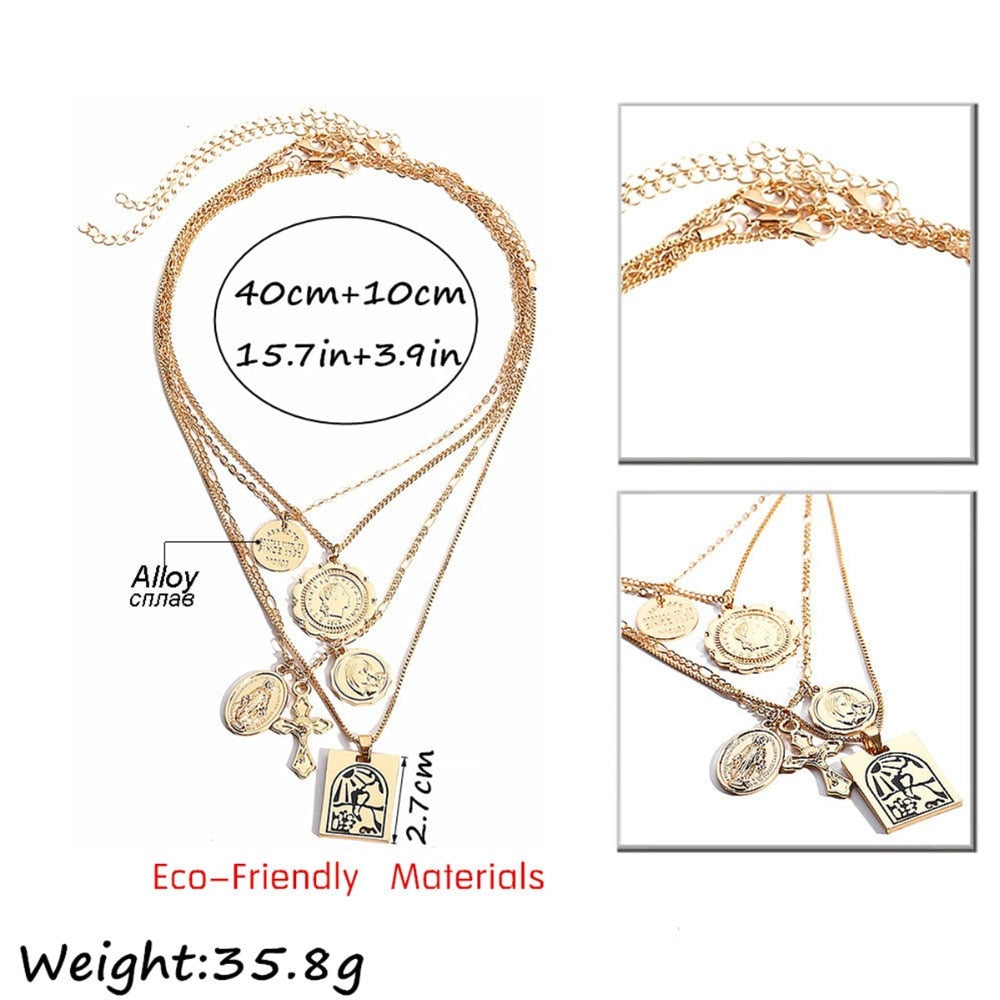 Vintage 4 Set Separable Chain Multi Layer Pendant Choker Necklaces Virgin Mary Jesus Cross Totem Square Jewelry Gift