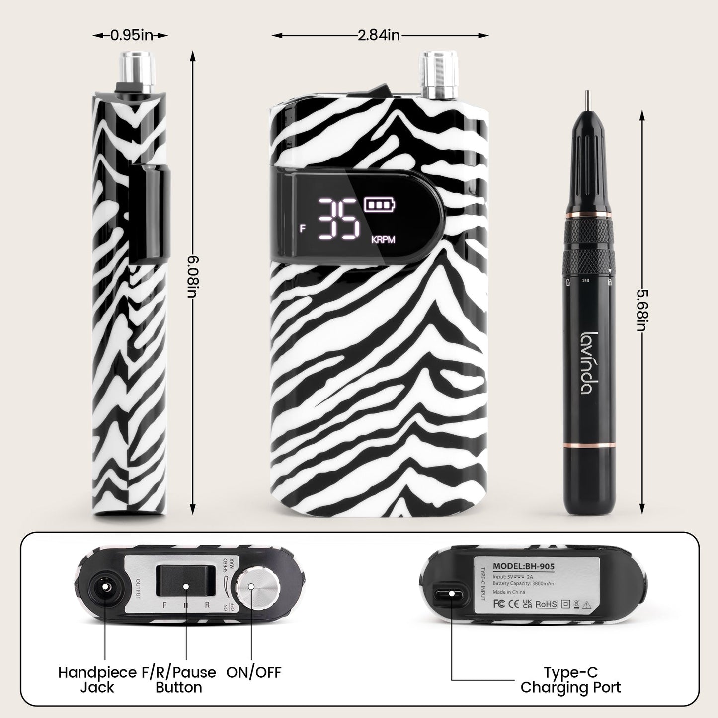 Wand™ Nail Drill - Zebra Print - 35,000 RPM Rechargeable