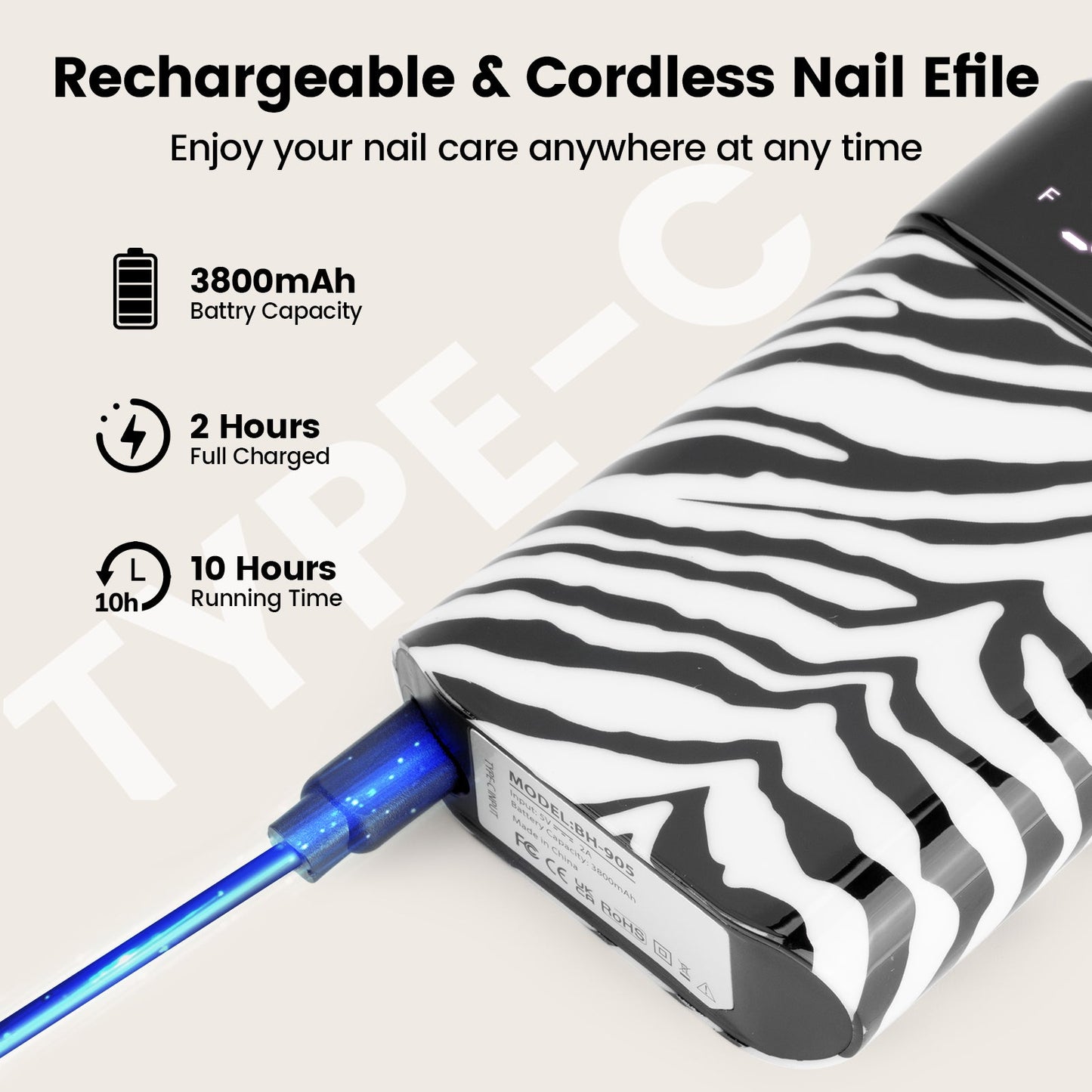 Wand™ Nail Drill - Zebra Print - 35,000 RPM Rechargeable