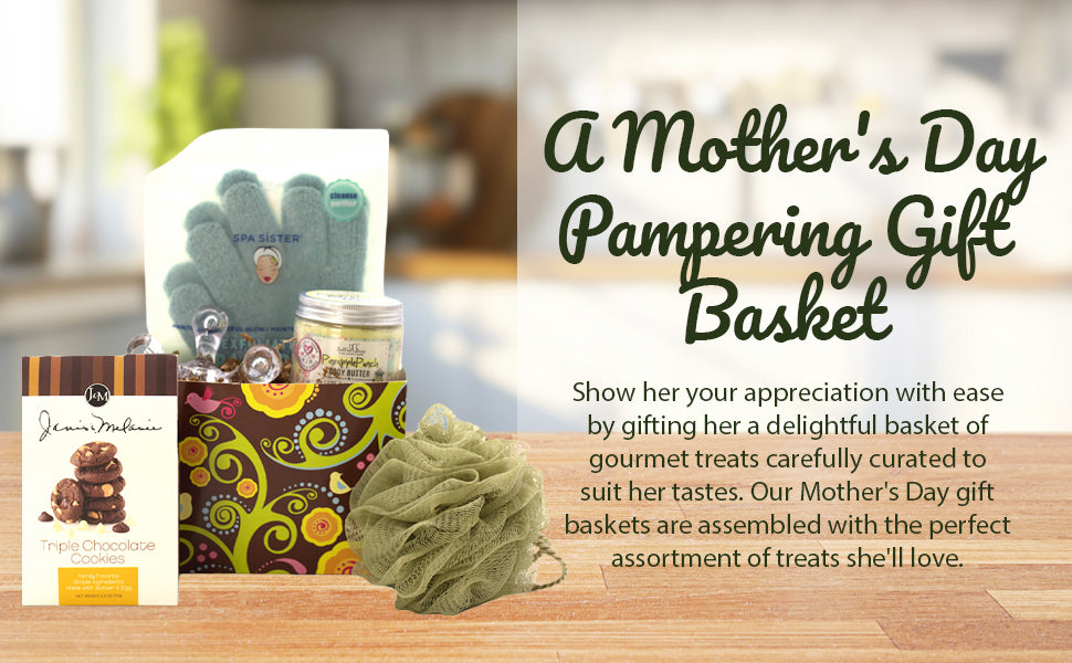Mother's Day pampering gift basket with various items on a wooden surface.