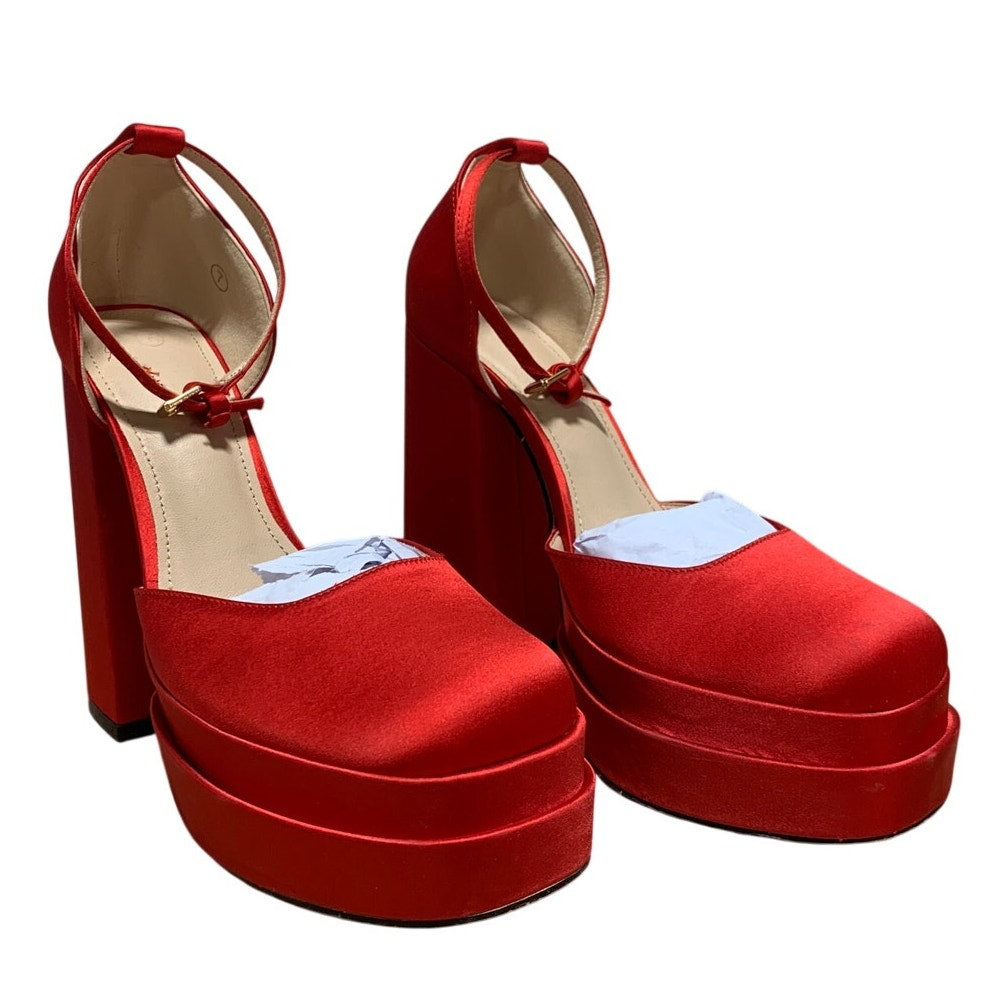 Vetaste Womens Size 7 Red 5.5" Platform Heels Closed Round Toe Ankle Strap Shoes