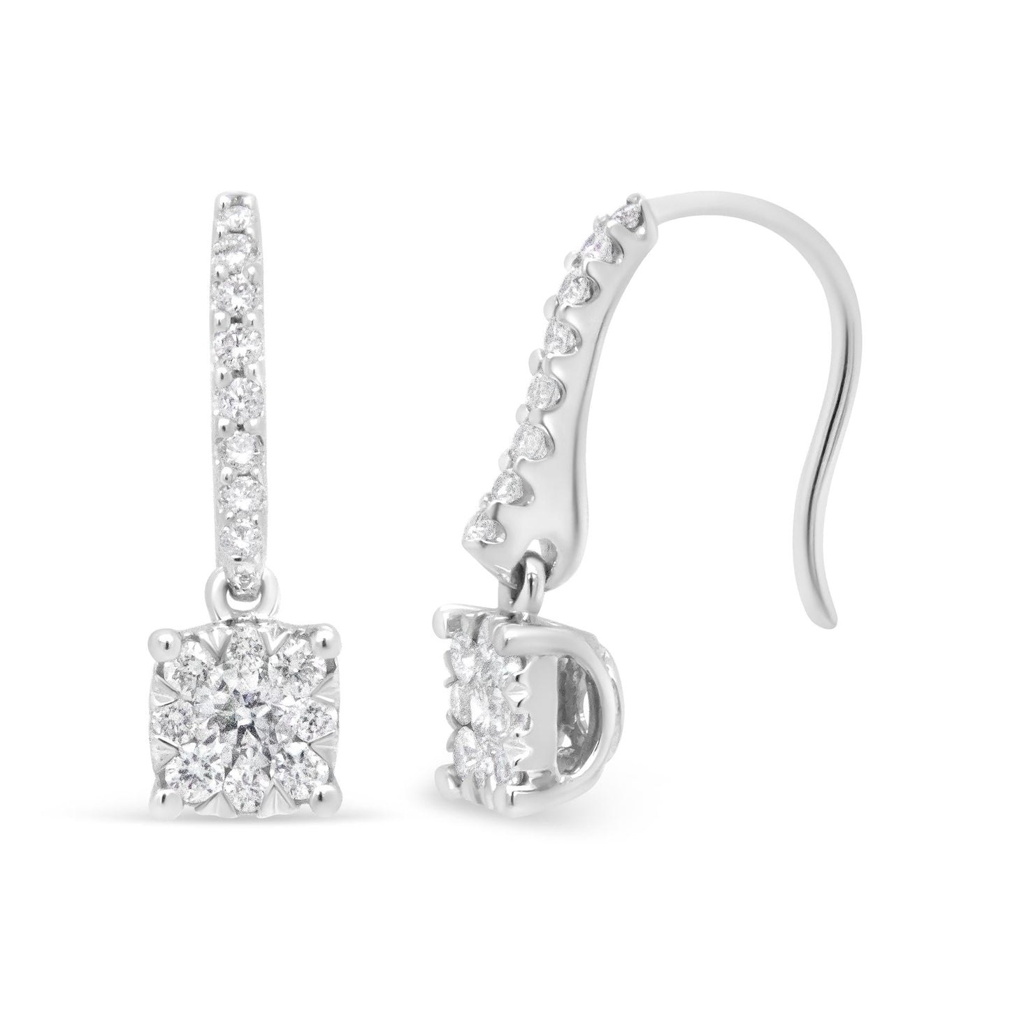 14K White 1/2 Cttw Round Diamond Halo Dangle Hook Earring - (H-I Color, SI2-I1 Clarity)-3