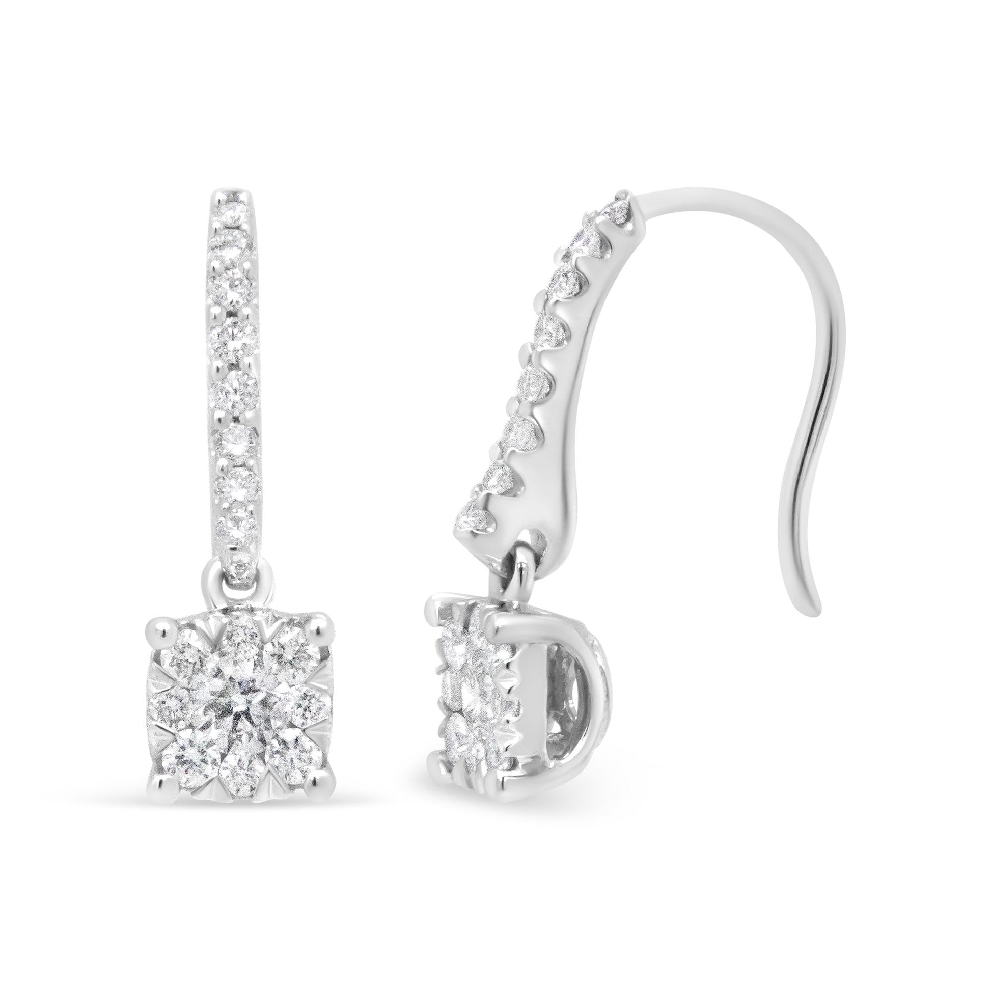 14K White 1/2 Cttw Round Diamond Halo Dangle Hook Earring - (H-I Color, SI2-I1 Clarity)-3