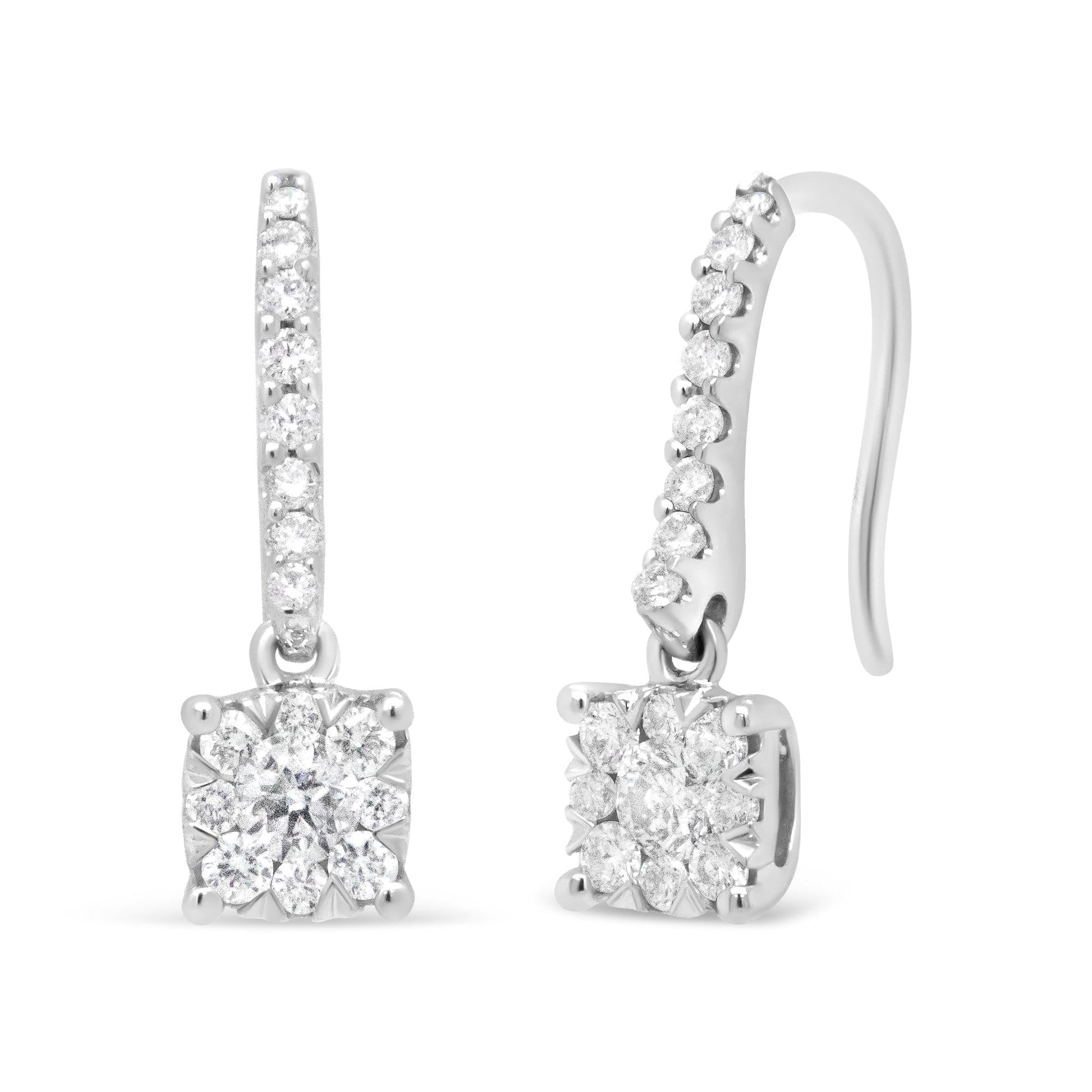 14K White 1/2 Cttw Round Diamond Halo Dangle Hook Earring - (H-I Color, SI2-I1 Clarity)-4