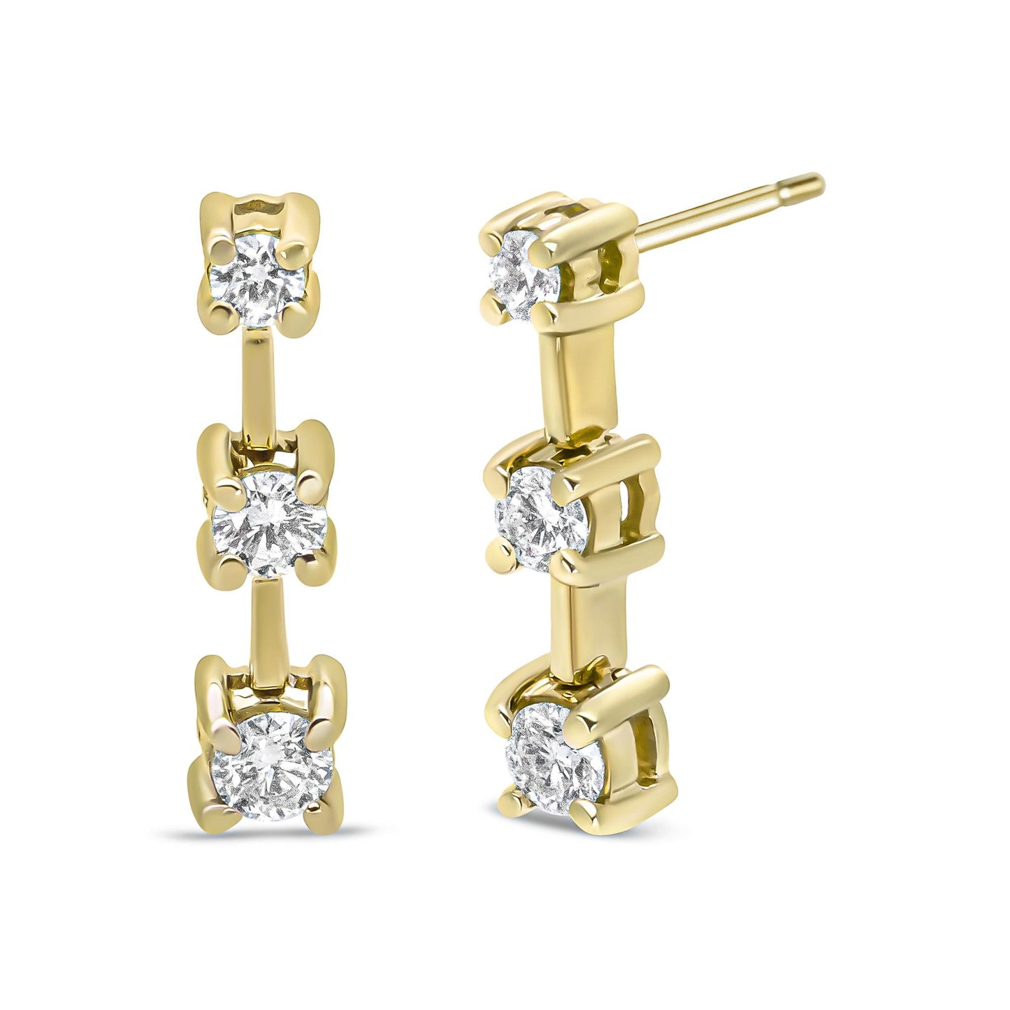 14K Gold Round Diamond 3 Stone Graduated Linear Drop Past, Present and Future Stud Earrings (H-I Color, SI1-SI2 Clarity)-0