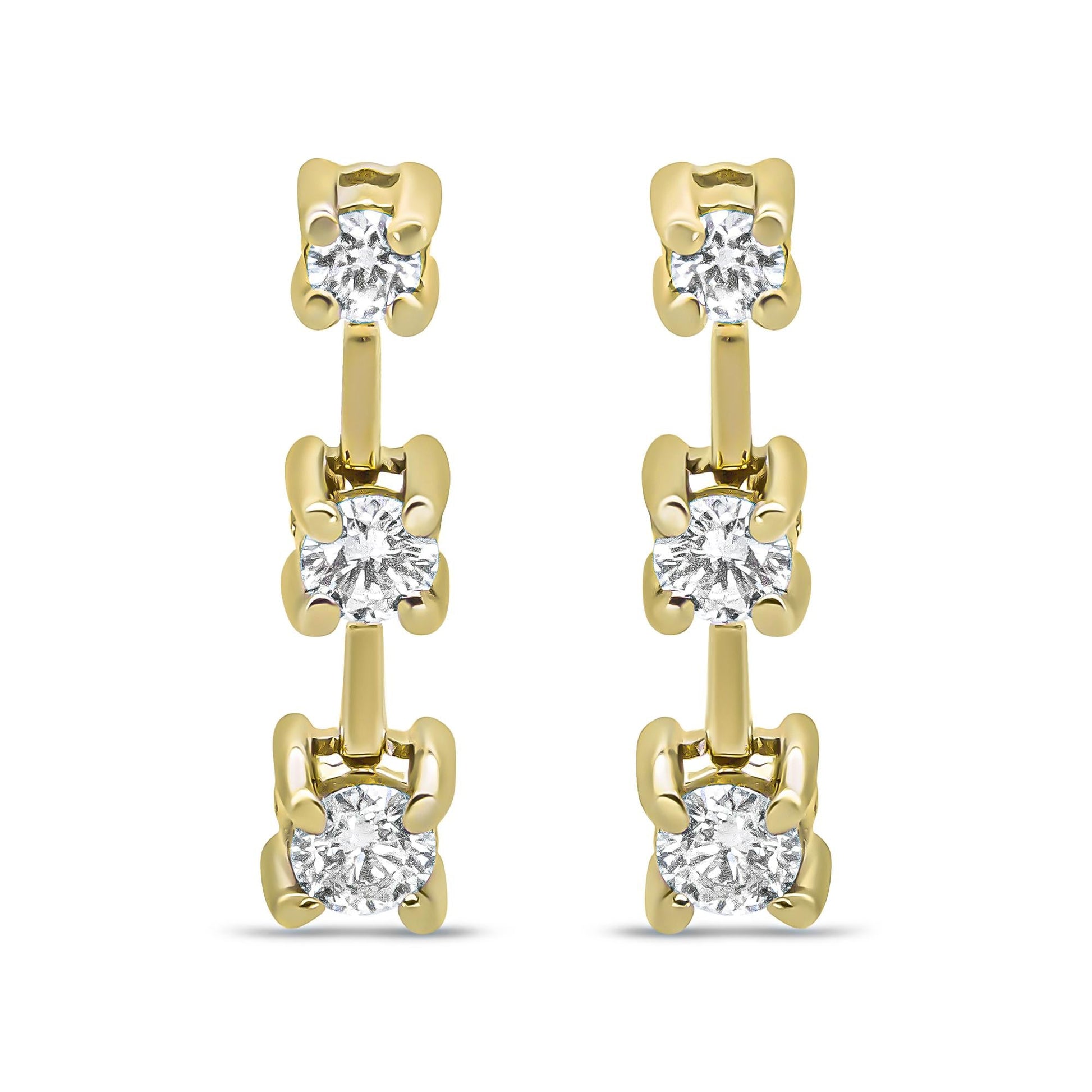 14K Gold Round Diamond 3 Stone Graduated Linear Drop Past, Present and Future Stud Earrings (H-I Color, SI1-SI2 Clarity)-1