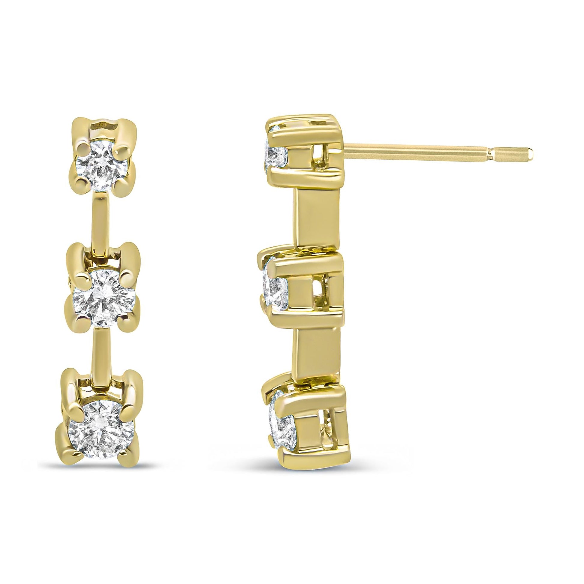 14K Gold Round Diamond 3 Stone Graduated Linear Drop Past, Present and Future Stud Earrings (H-I Color, SI1-SI2 Clarity)-3