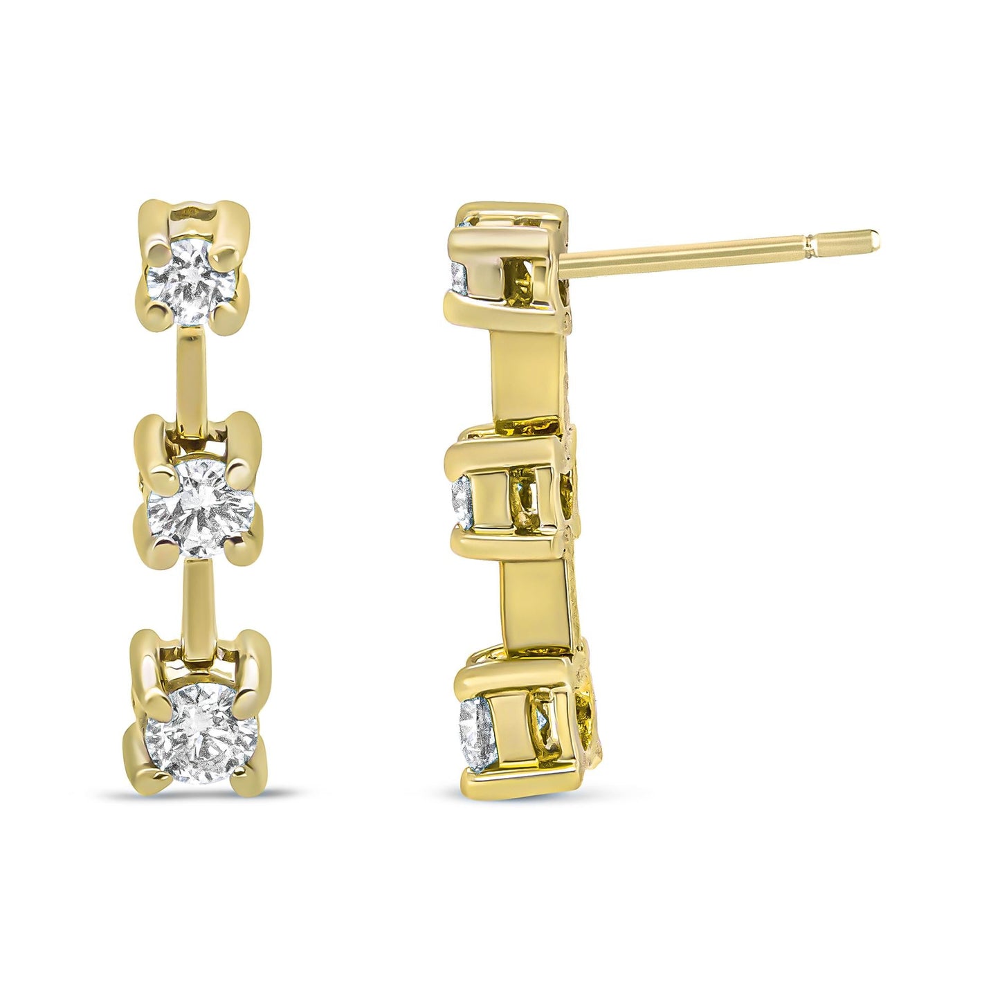 14K Gold Round Diamond 3 Stone Graduated Linear Drop Past, Present and Future Stud Earrings (H-I Color, SI1-SI2 Clarity)-4