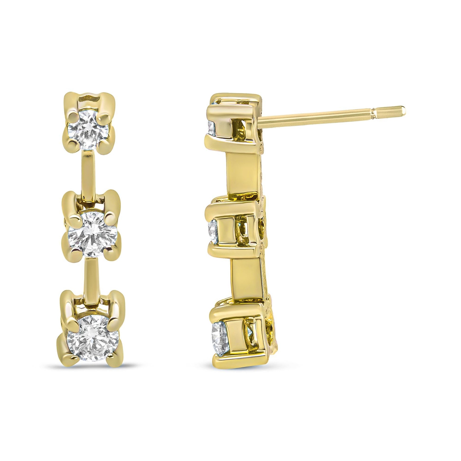 14K Gold Round Diamond 3 Stone Graduated Linear Drop Past, Present and Future Stud Earrings (H-I Color, SI1-SI2 Clarity)-4
