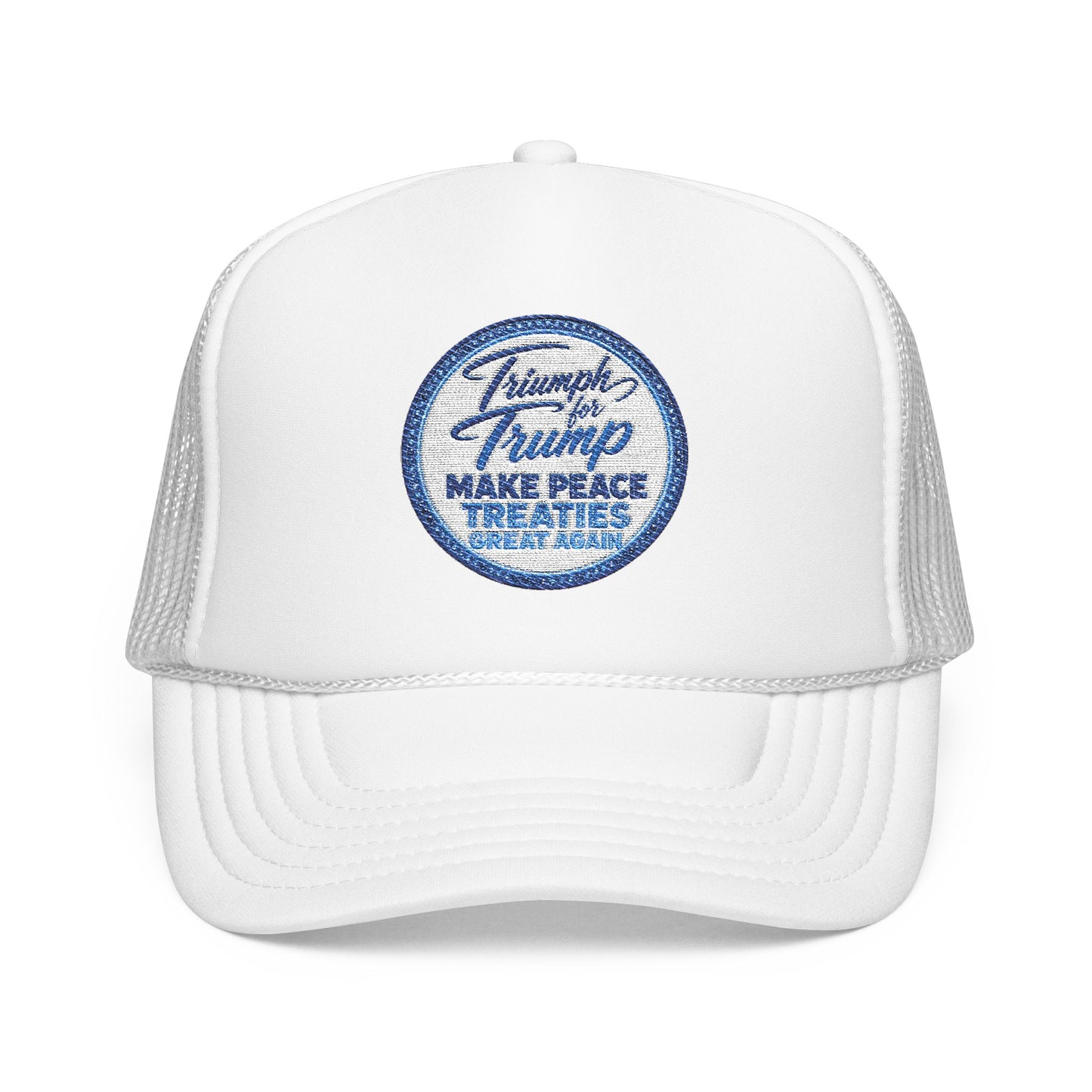 "Triumph for Trump: Make Peace Treaties Great Again" ✨EMBROIDERED Foam Trucker Hat — Vintage Trump Campaign Patch, Only @ LuxeByMimi✨
