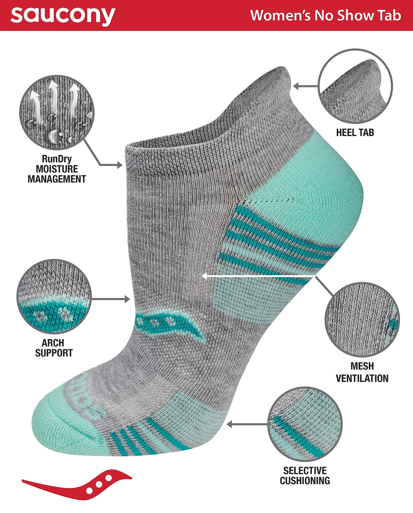 Saucony Women's RunDry Performance Heel Tab Athletic Socks, Available in S-L (8, 16, 24 Pairs)