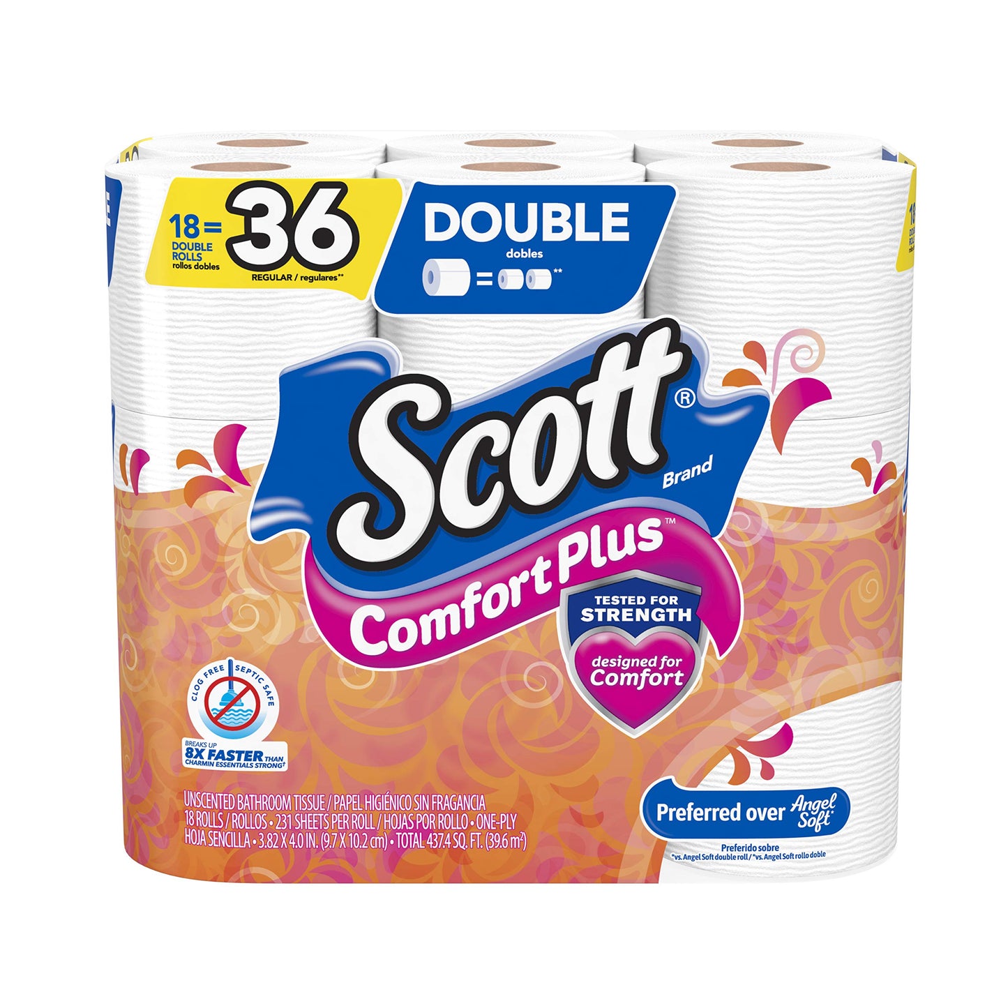 Scott ComfortPlus Toilet Paper, 12 Triple Rolls, 231 Sheets per Roll, Septic-Safe, 1-Ply Toilet Tissue