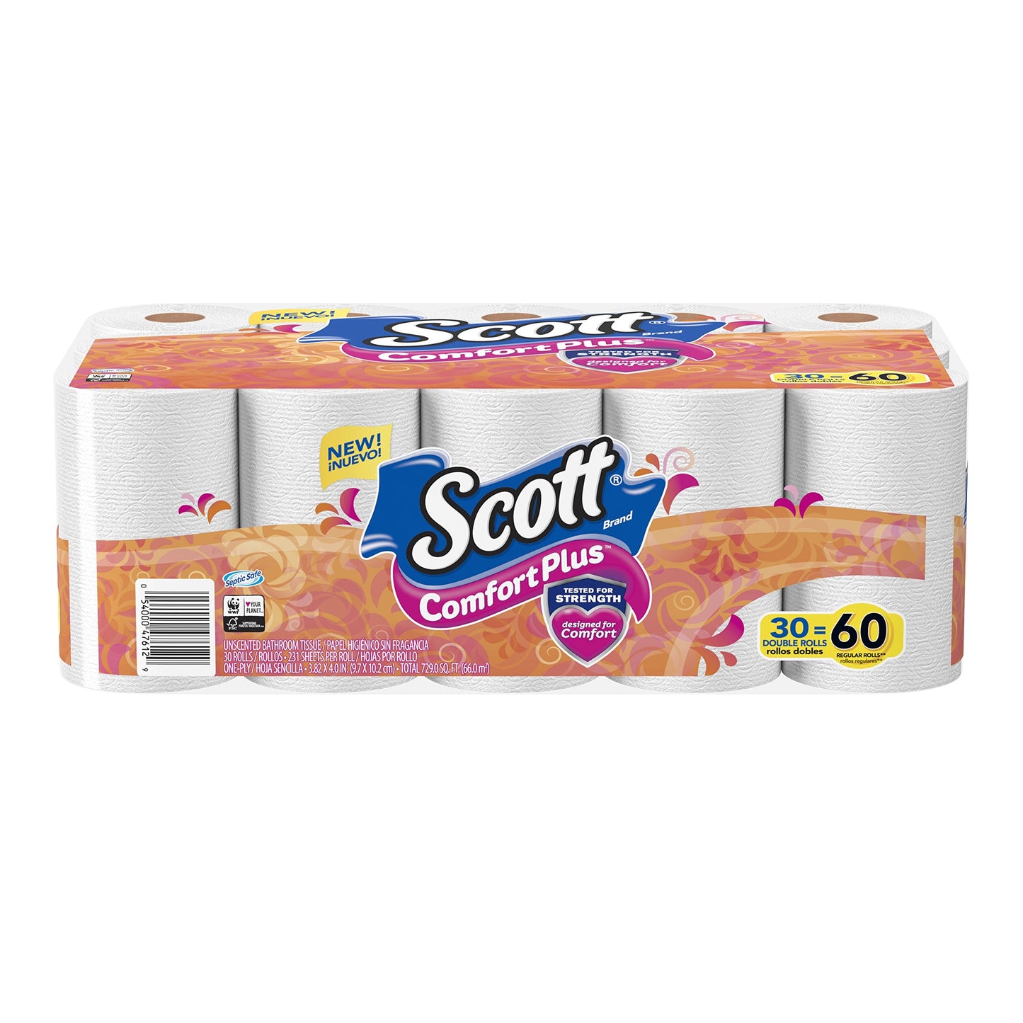 Scott ComfortPlus Toilet Paper, 12 Triple Rolls, 231 Sheets per Roll, Septic-Safe, 1-Ply Toilet Tissue